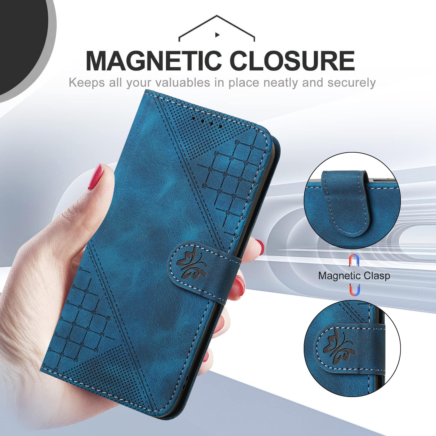 For Xiaomi 17 Pro Max Leather Wallet Case Butterfly Flower Imprinted Phone Cover with Strap - Royal Blue
