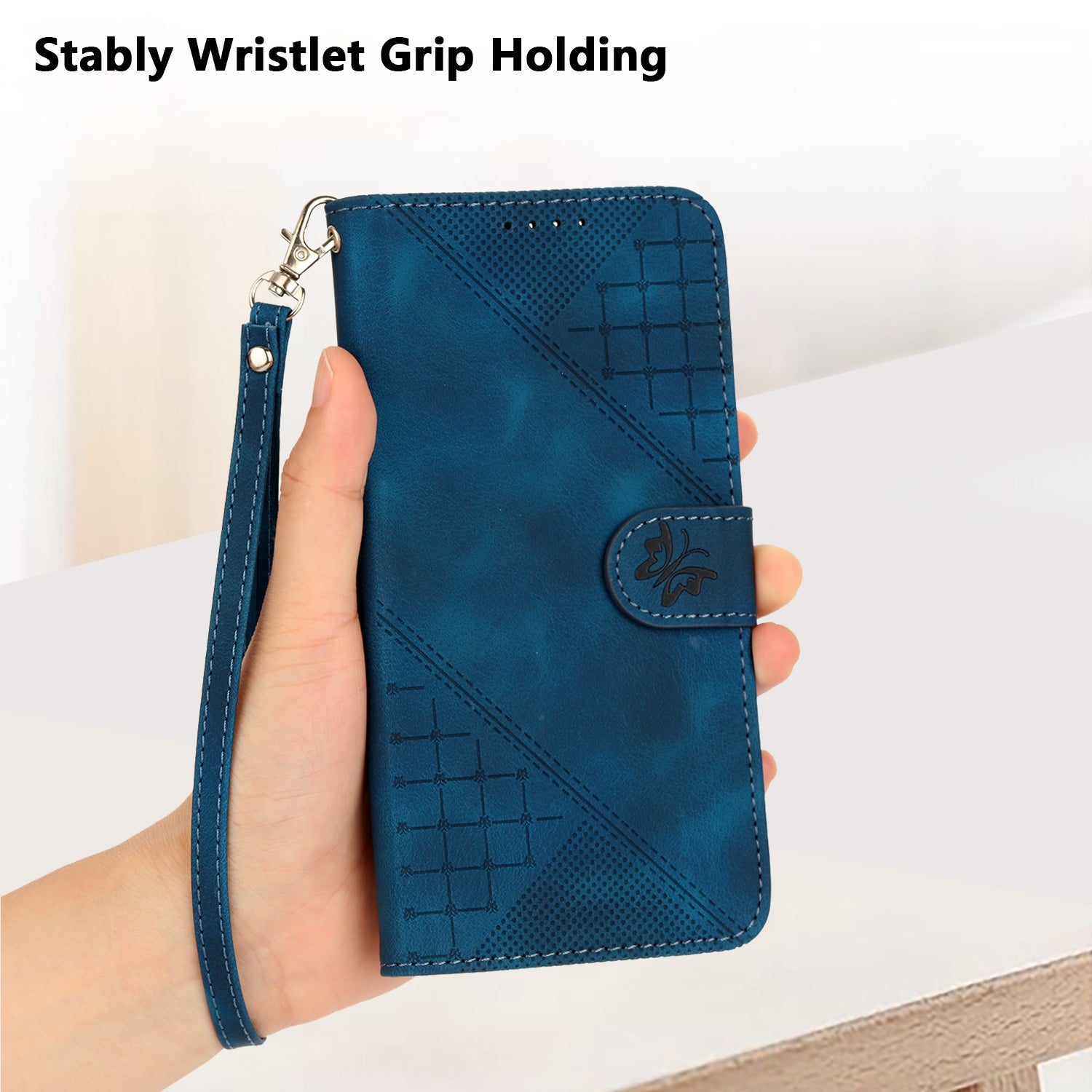 For Xiaomi 17 Pro Max Leather Wallet Case Butterfly Flower Imprinted Phone Cover with Strap - Royal Blue