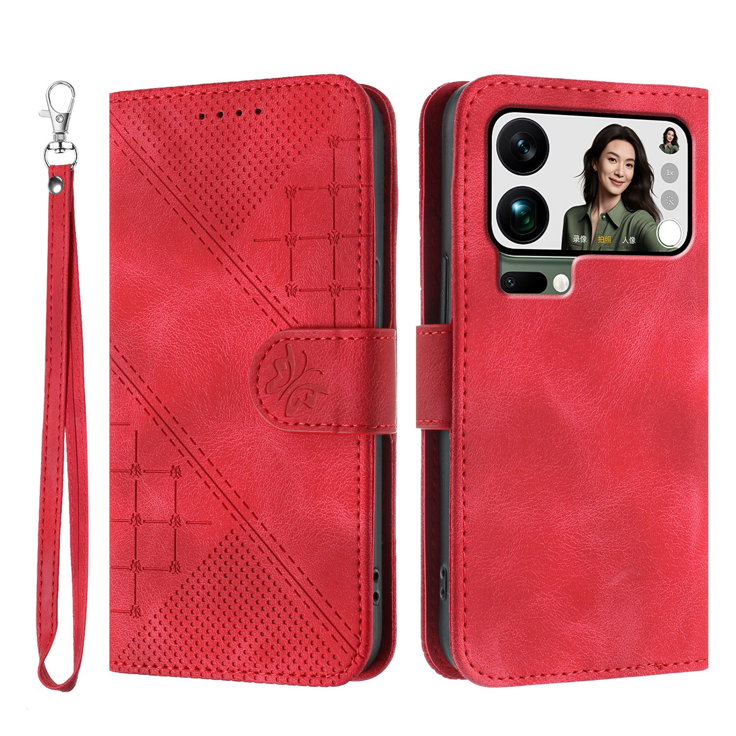 For Xiaomi 17 Pro Max Leather Wallet Case Butterfly Flower Imprinted Phone Cover with Strap - Red