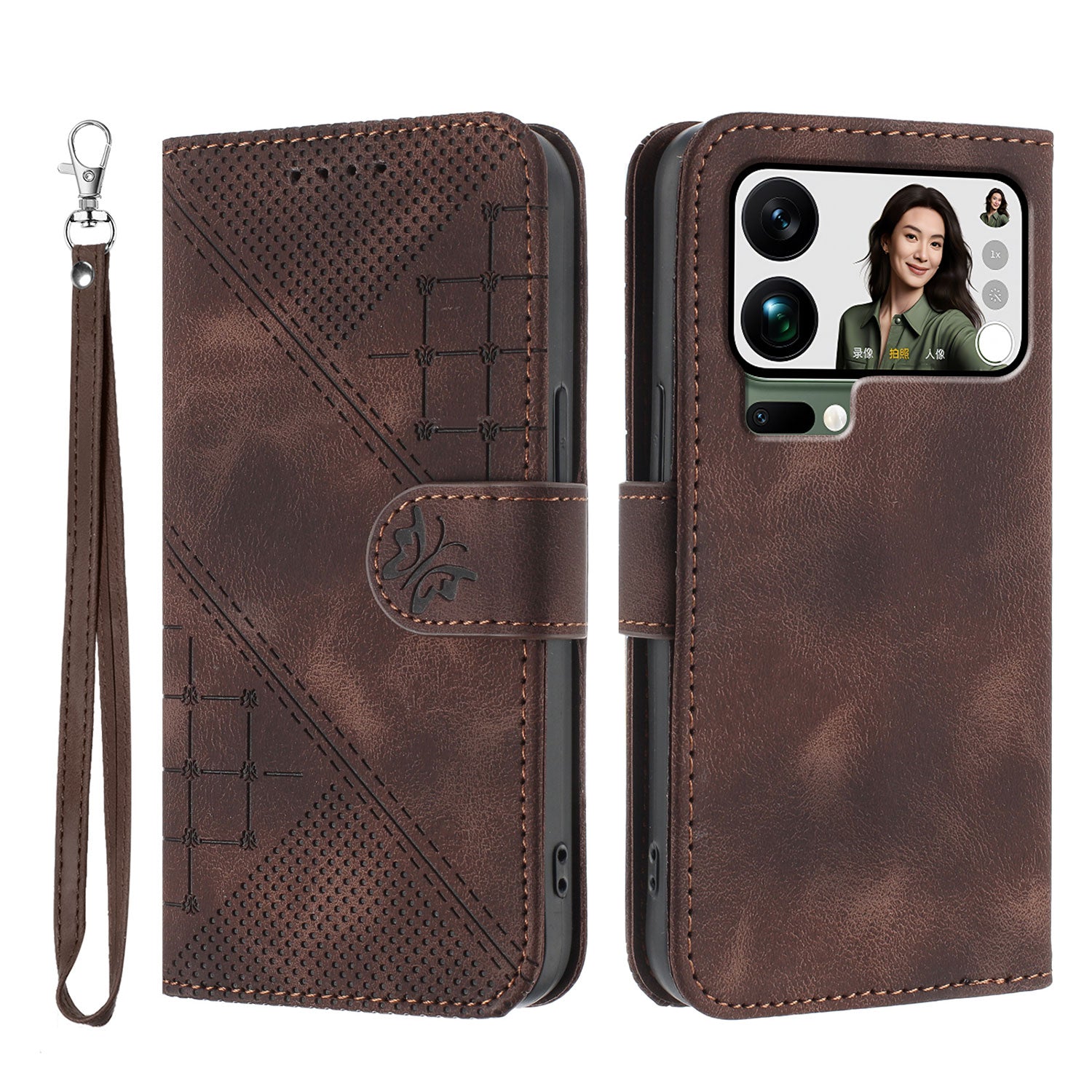 For Xiaomi 17 Pro Max Leather Wallet Case Butterfly Flower Imprinted Phone Cover with Strap - Coffee