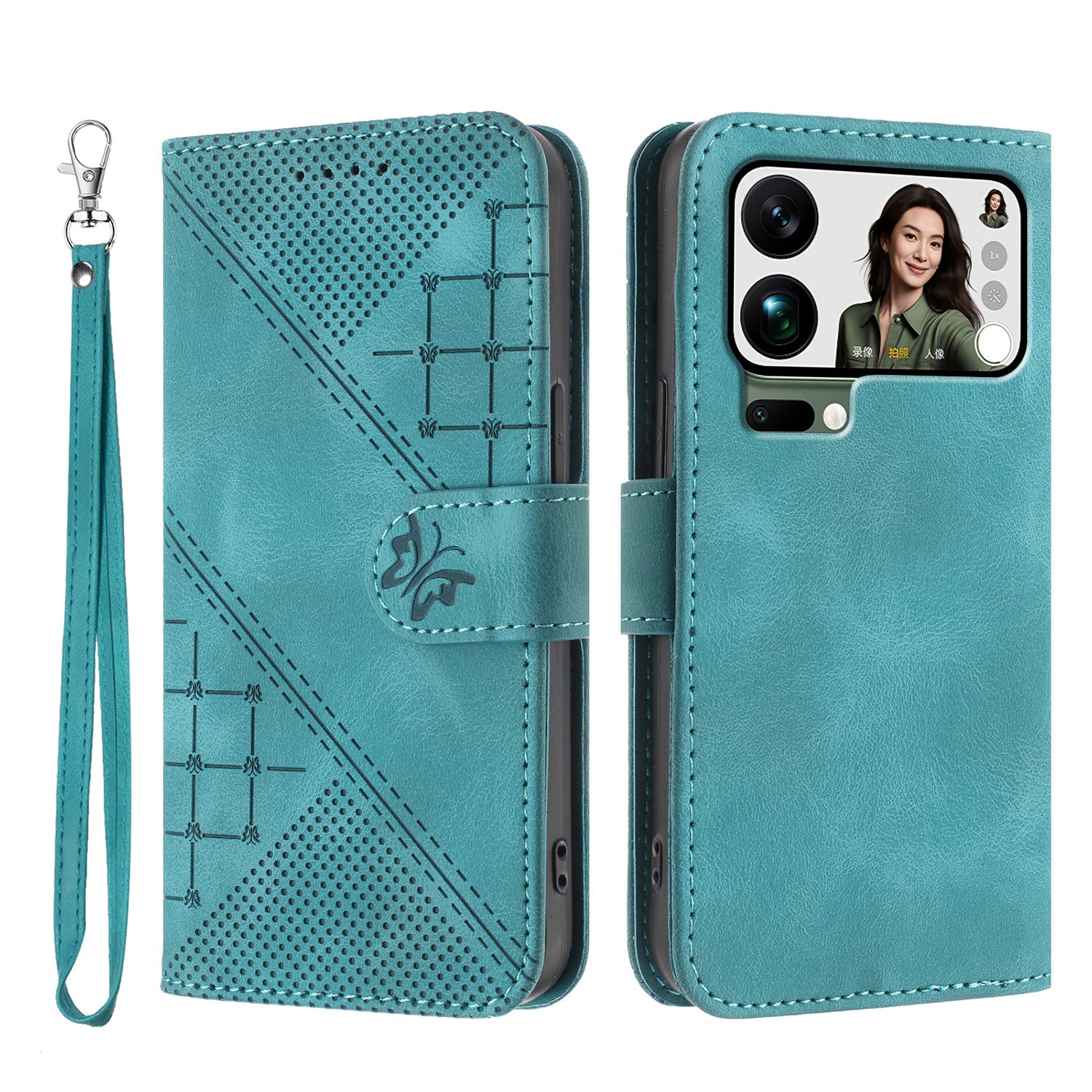 For Xiaomi 17 Pro Max Leather Wallet Case Butterfly Flower Imprinted Phone Cover with Strap - Light Blue
