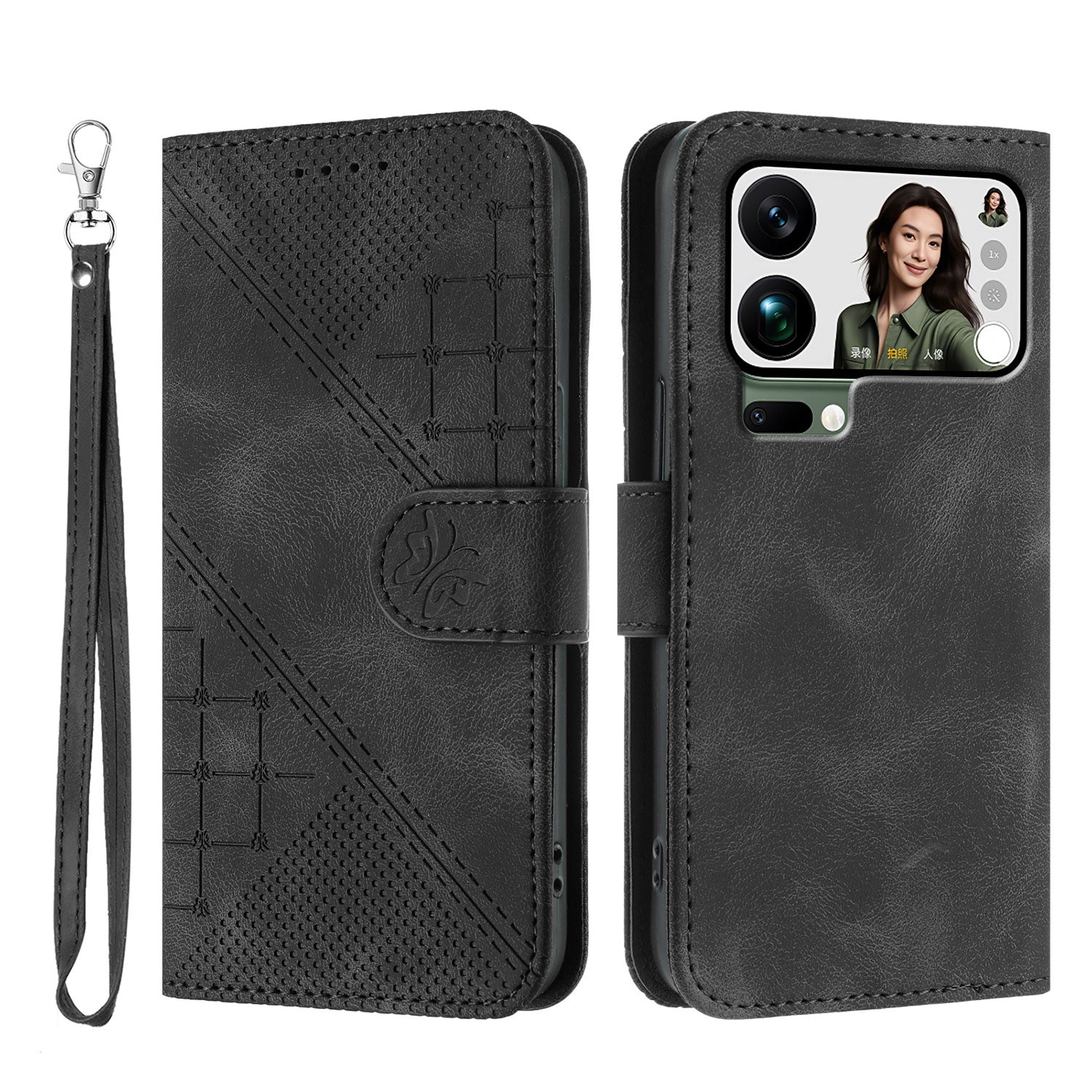 For Xiaomi 17 Pro Max Leather Wallet Case Butterfly Flower Imprinted Phone Cover with Strap - Black