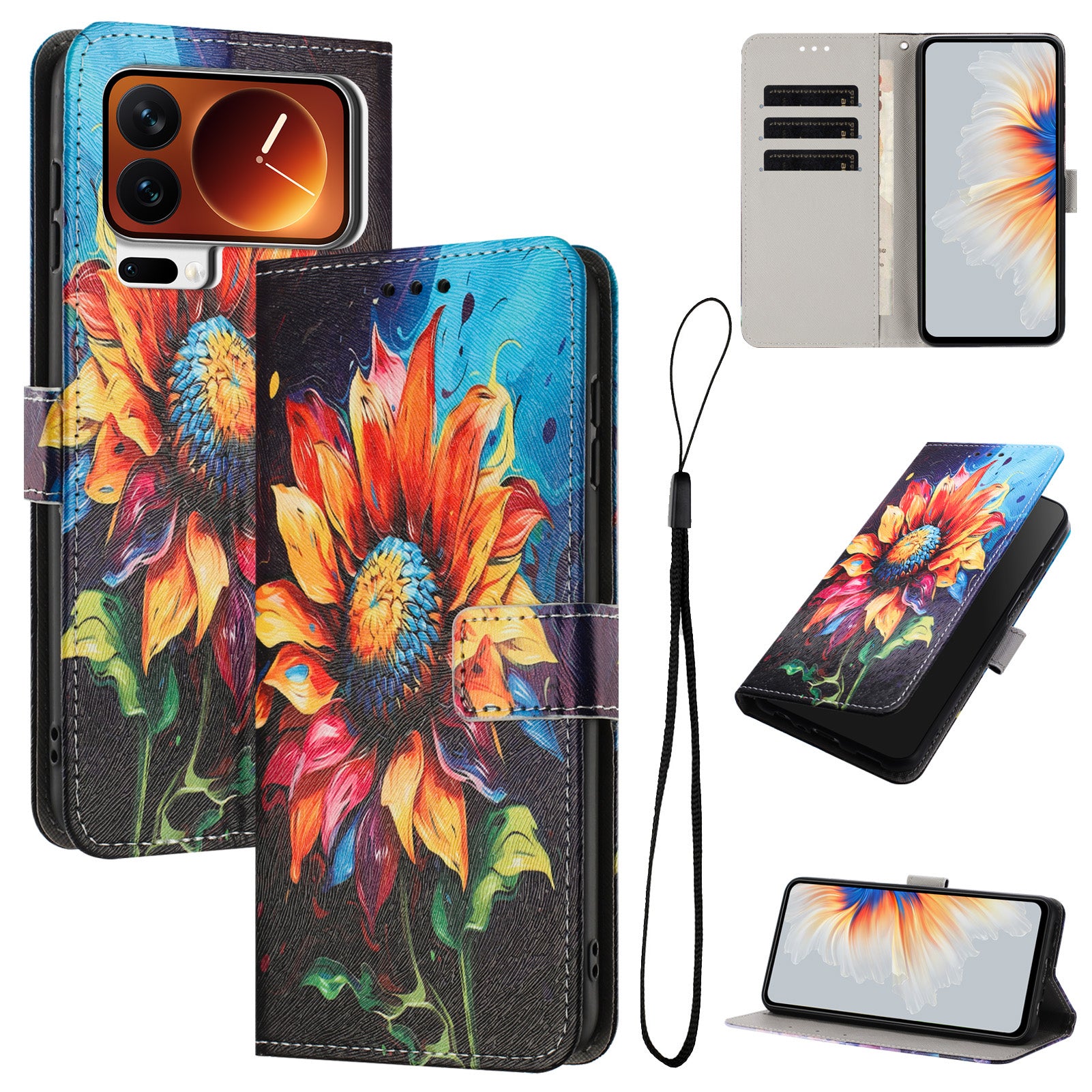 For Xiaomi 17 Pro Max Wallet Case Pattern Printing PU Leather Phone Cover with Lanyard - Sunflower