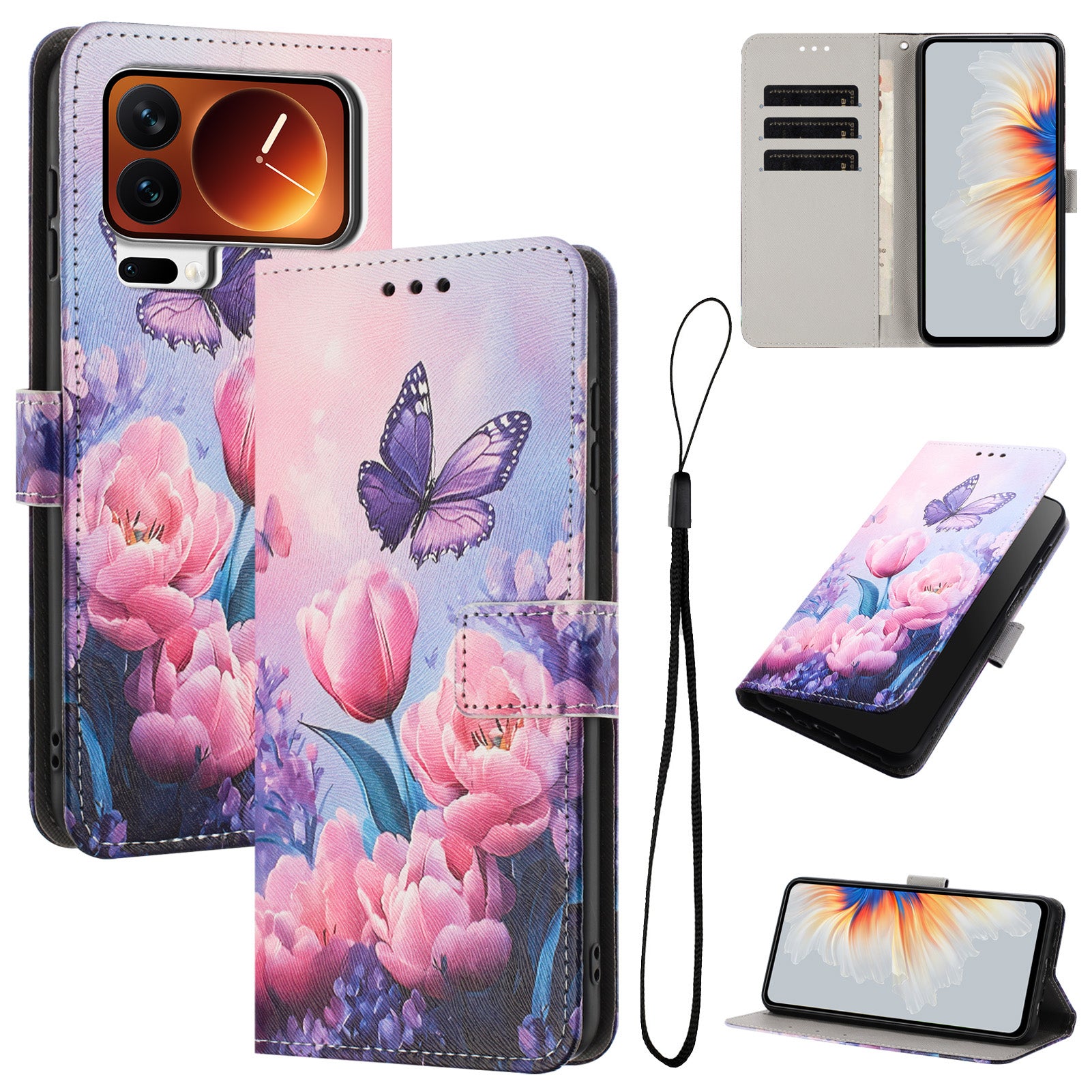 For Xiaomi 17 Pro Max Wallet Case Pattern Printing PU Leather Phone Cover with Lanyard - Pink Flower Butterfly