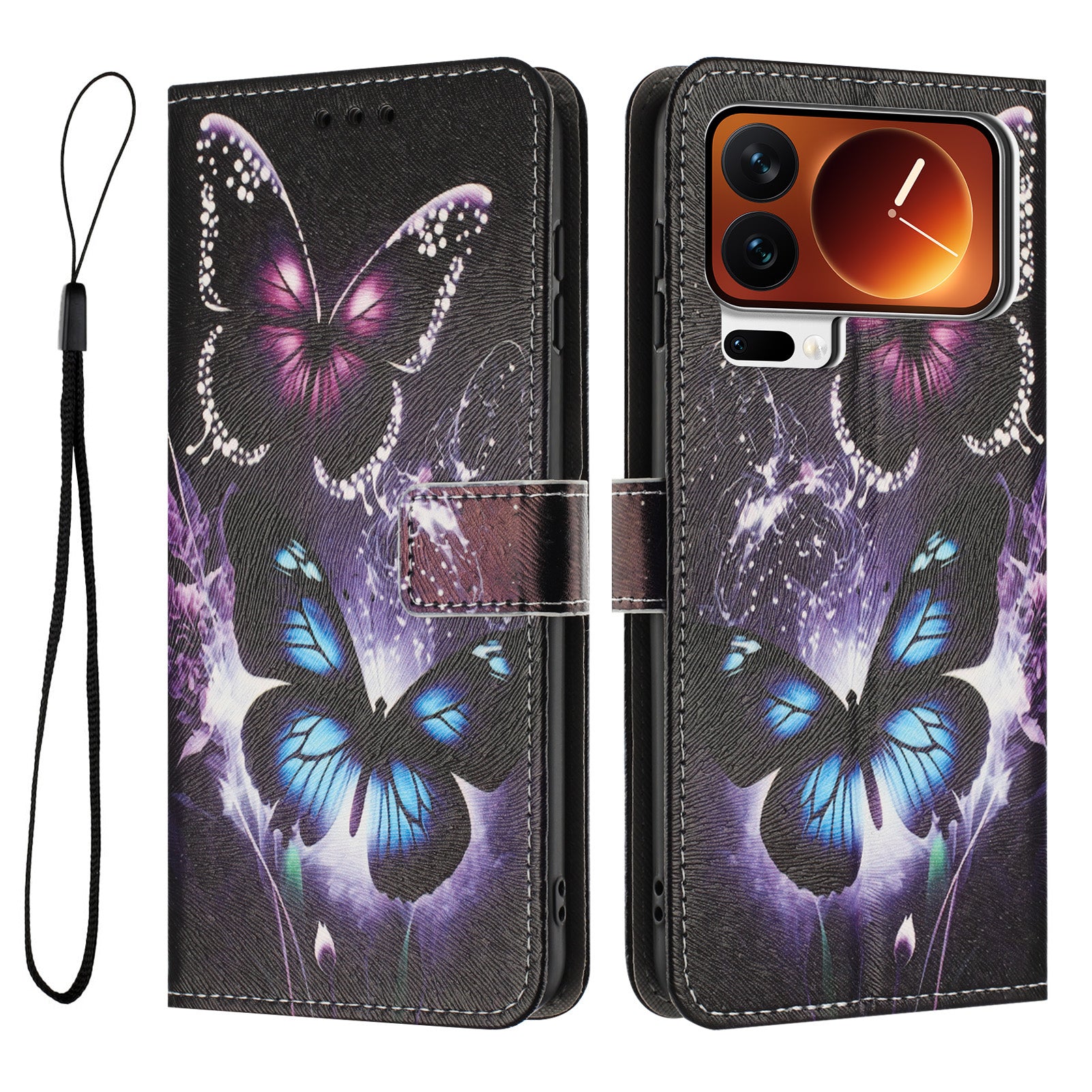 For Xiaomi 17 Pro Max Wallet Case Pattern Printing PU Leather Phone Cover with Lanyard - Two Butterflies