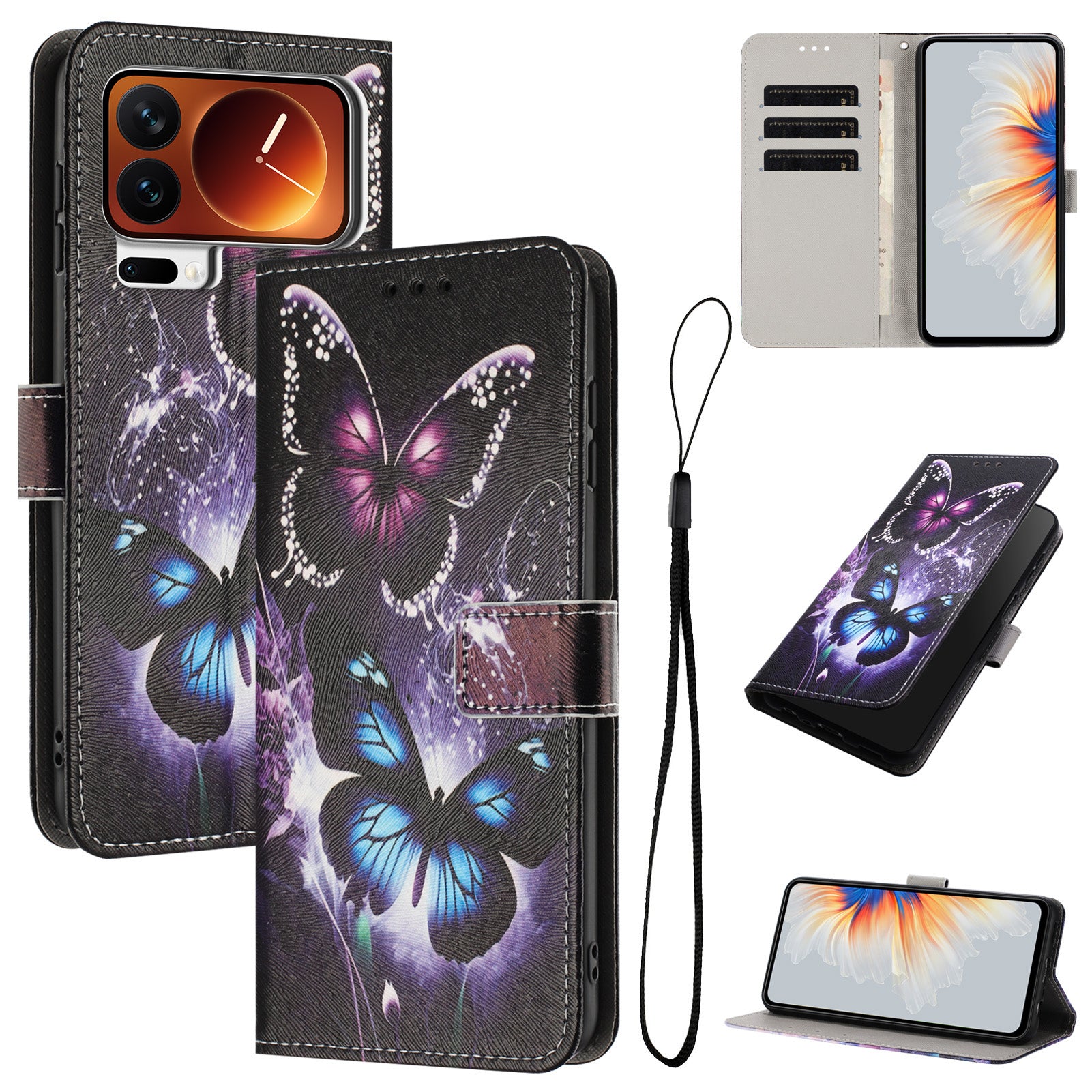 For Xiaomi 17 Pro Max Wallet Case Pattern Printing PU Leather Phone Cover with Lanyard - Two Butterflies