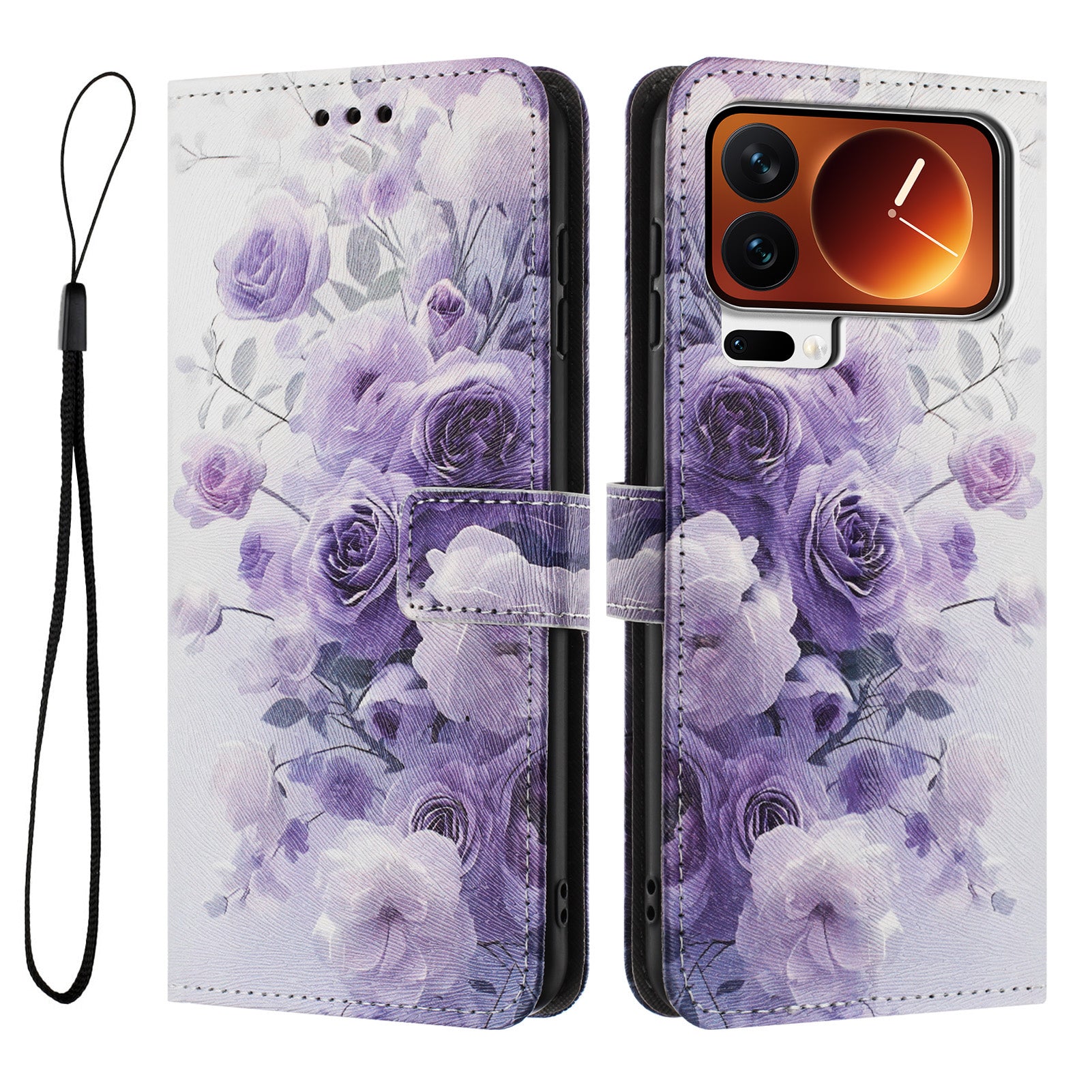 For Xiaomi 17 Pro Max Wallet Case Pattern Printing PU Leather Phone Cover with Lanyard - Purple Rose