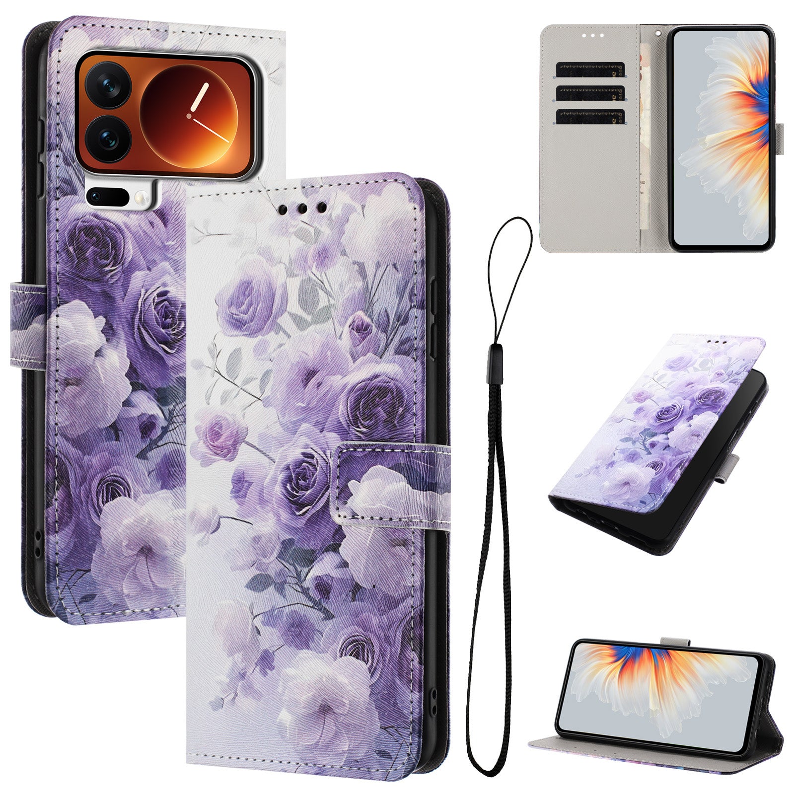 For Xiaomi 17 Pro Max Wallet Case Pattern Printing PU Leather Phone Cover with Lanyard - Purple Rose