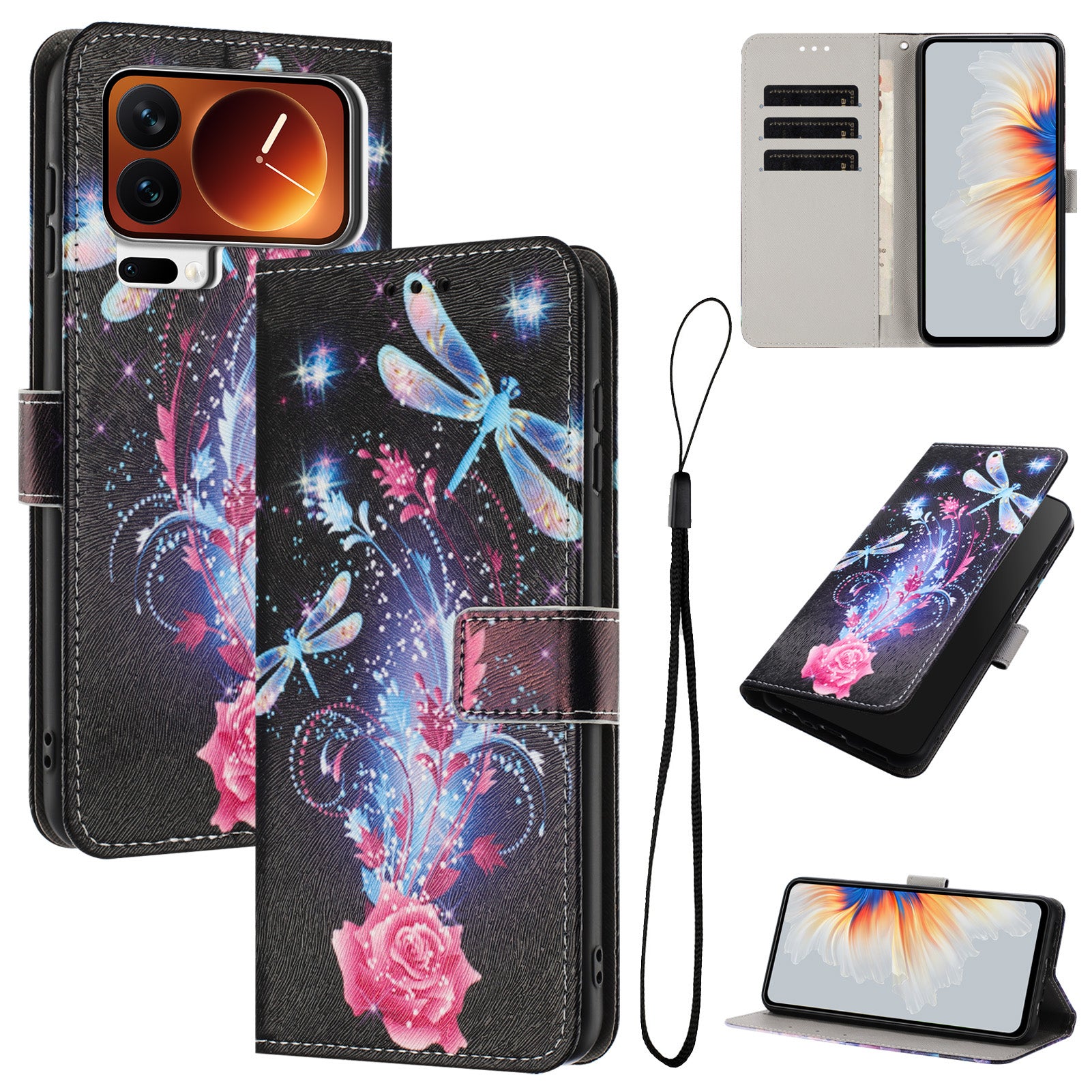 For Xiaomi 17 Pro Max Wallet Case Pattern Printing PU Leather Phone Cover with Lanyard - Dragonfly