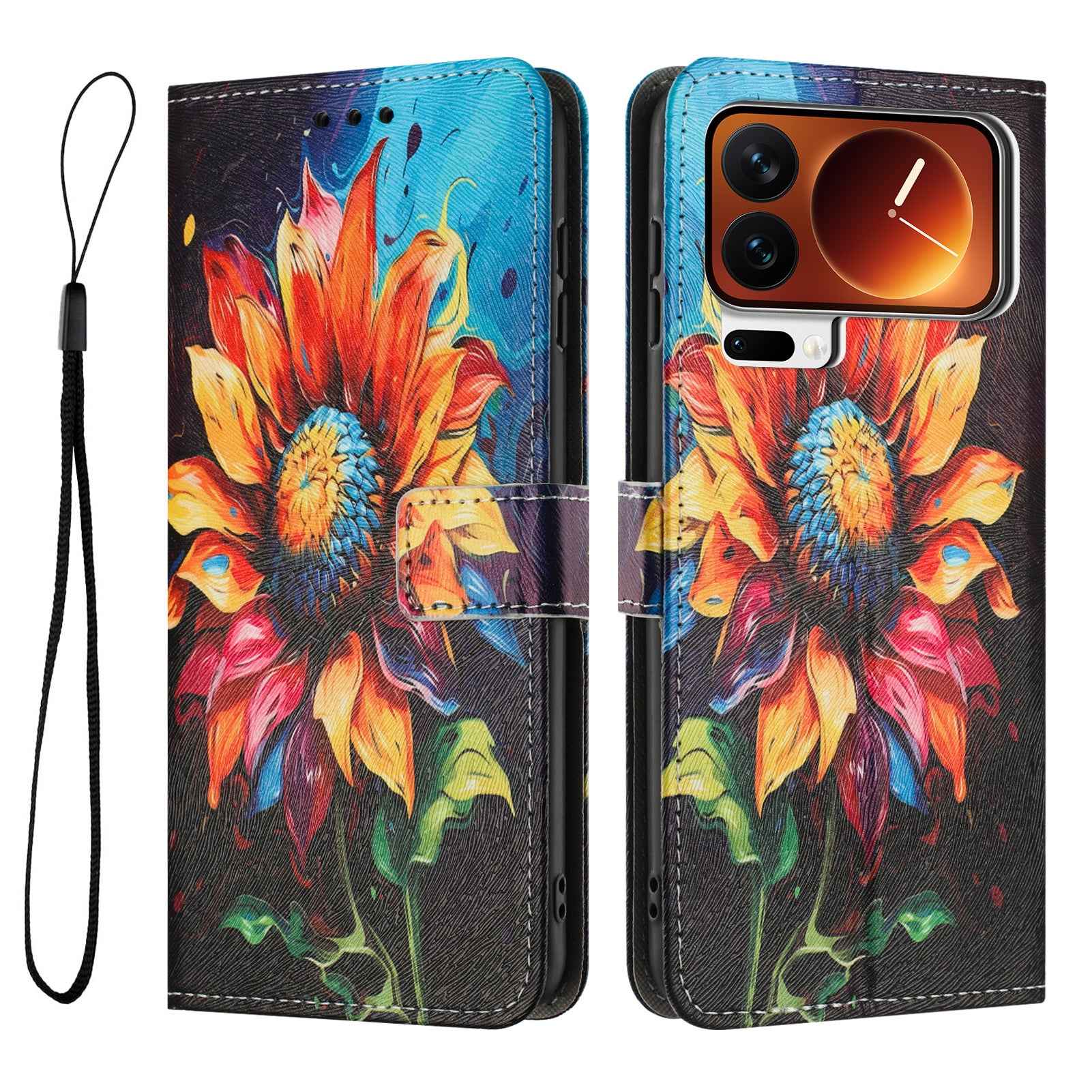 For Xiaomi 17 Pro Wallet Case Pattern Printing PU Leather Phone Cover with Lanyard - Sunflower