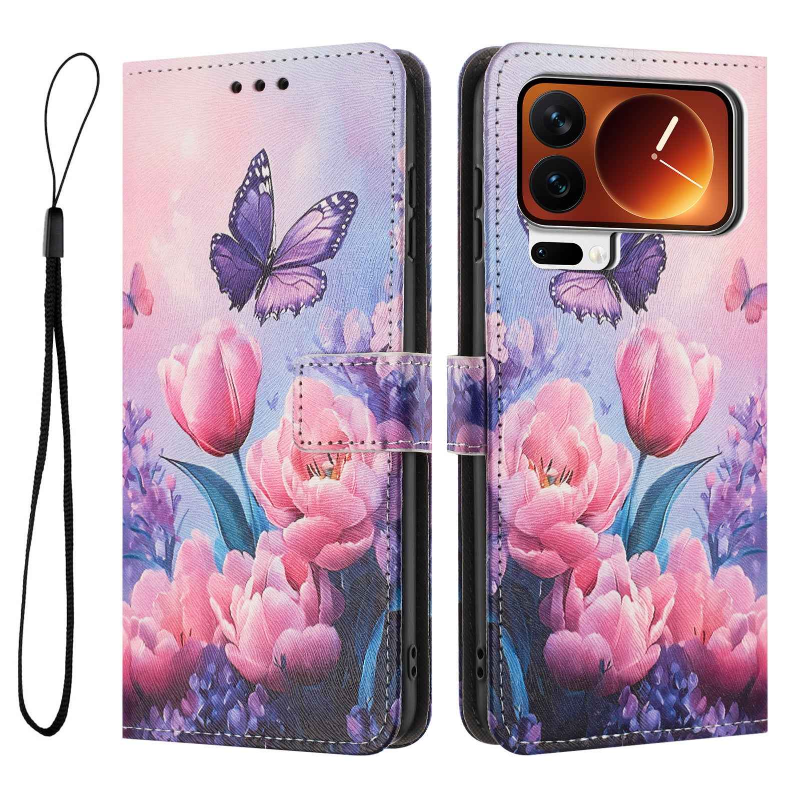 For Xiaomi 17 Pro Wallet Case Pattern Printing PU Leather Phone Cover with Lanyard - Pink Flower Butterfly