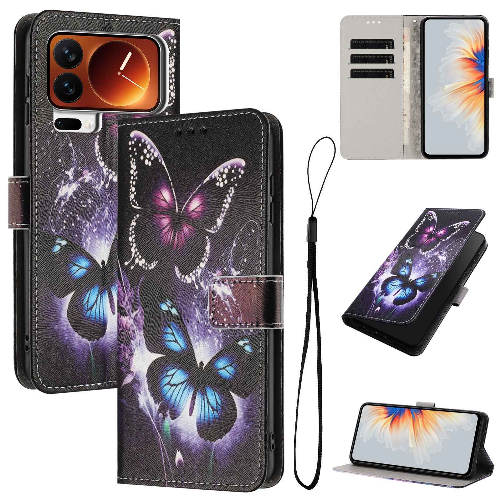 For Xiaomi 17 Pro Wallet Case Pattern Printing PU Leather Phone Cover with Lanyard - Two Butterflies