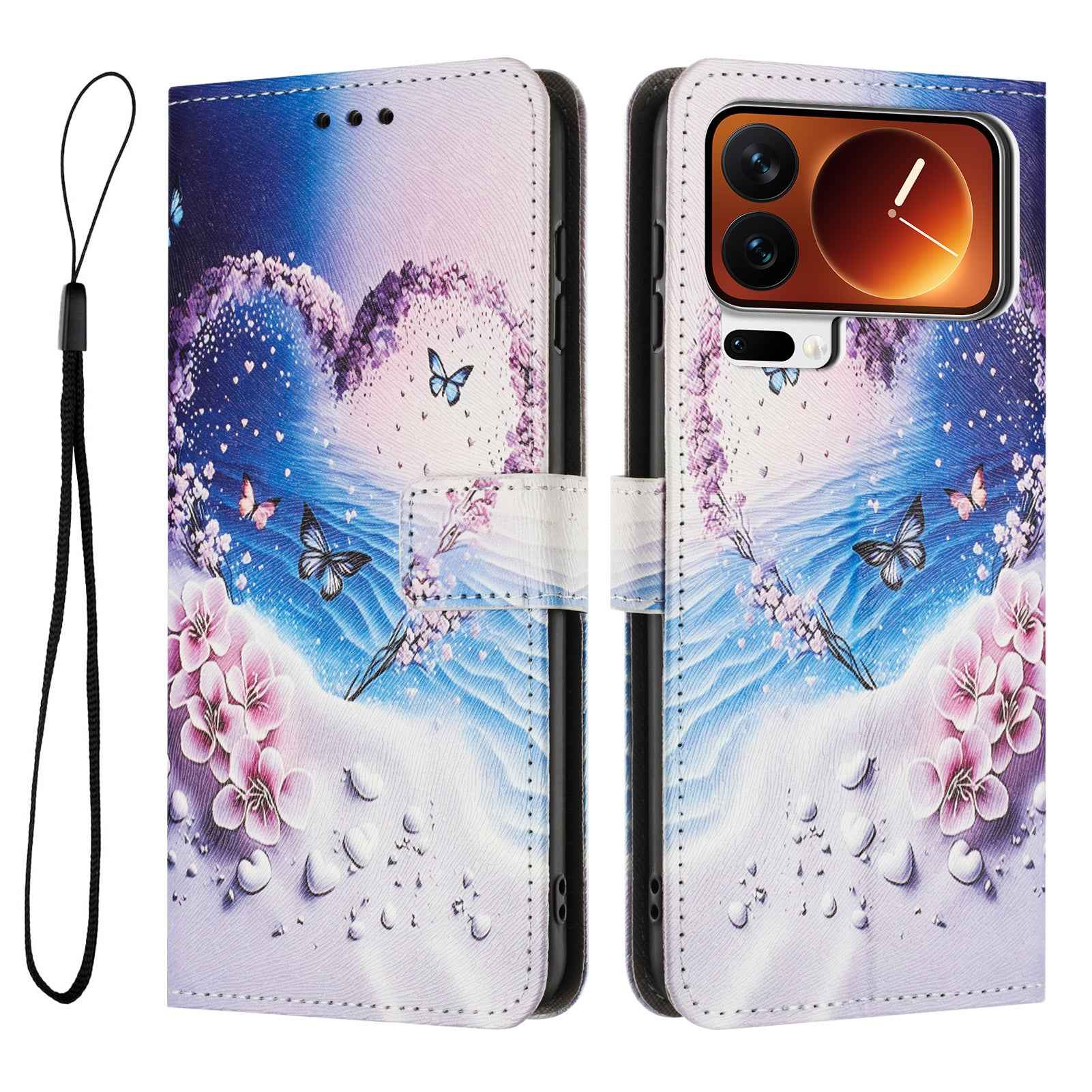 For Xiaomi 17 Pro Wallet Case Pattern Printing PU Leather Phone Cover with Lanyard - Heart Butterfly