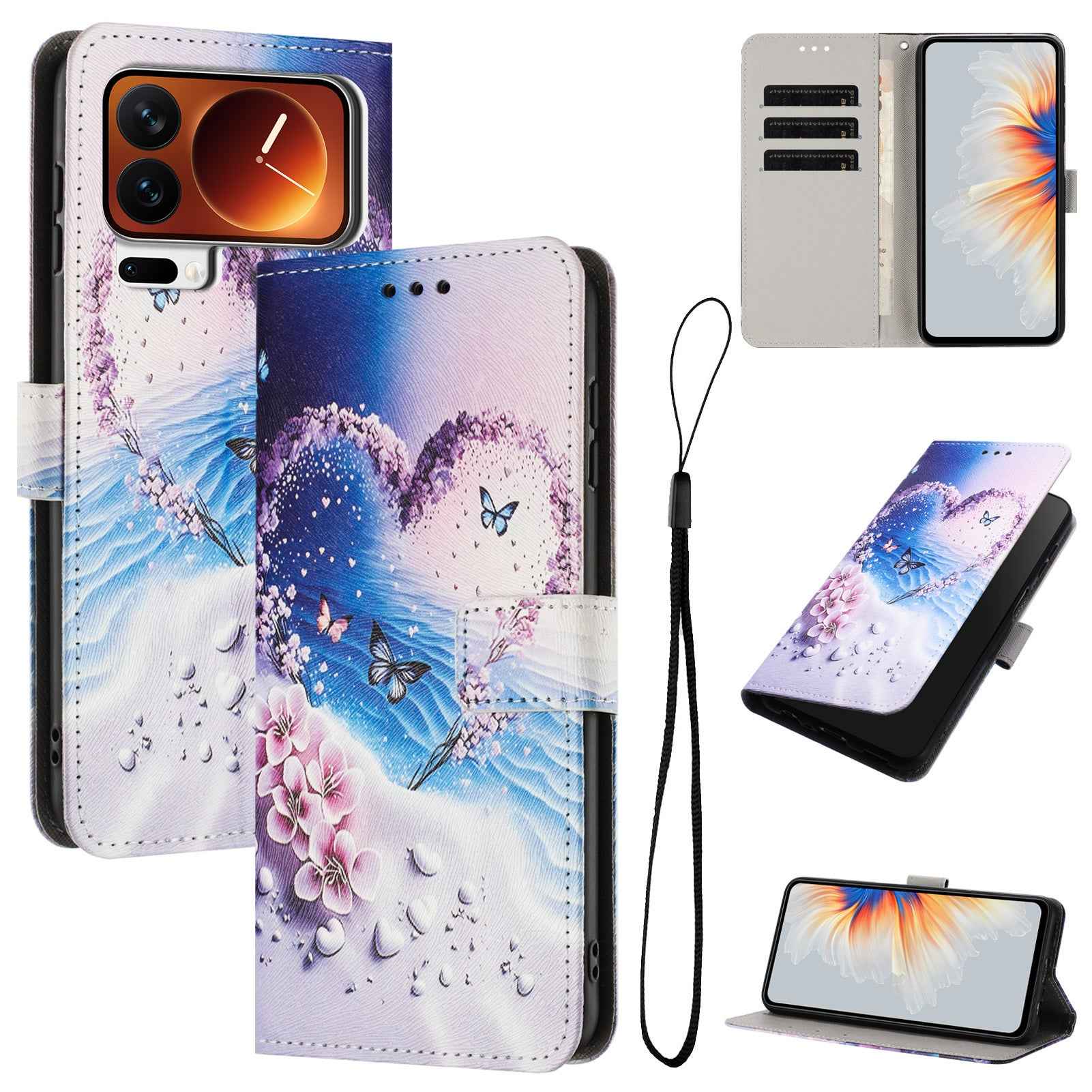 For Xiaomi 17 Pro Wallet Case Pattern Printing PU Leather Phone Cover with Lanyard - Heart Butterfly