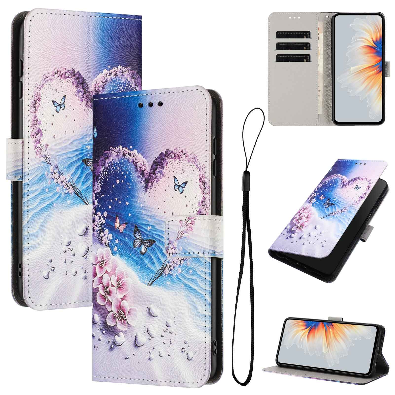 For Xiaomi 17 Pro Wallet Case Pattern Printing PU Leather Phone Cover with Lanyard - Heart Butterfly