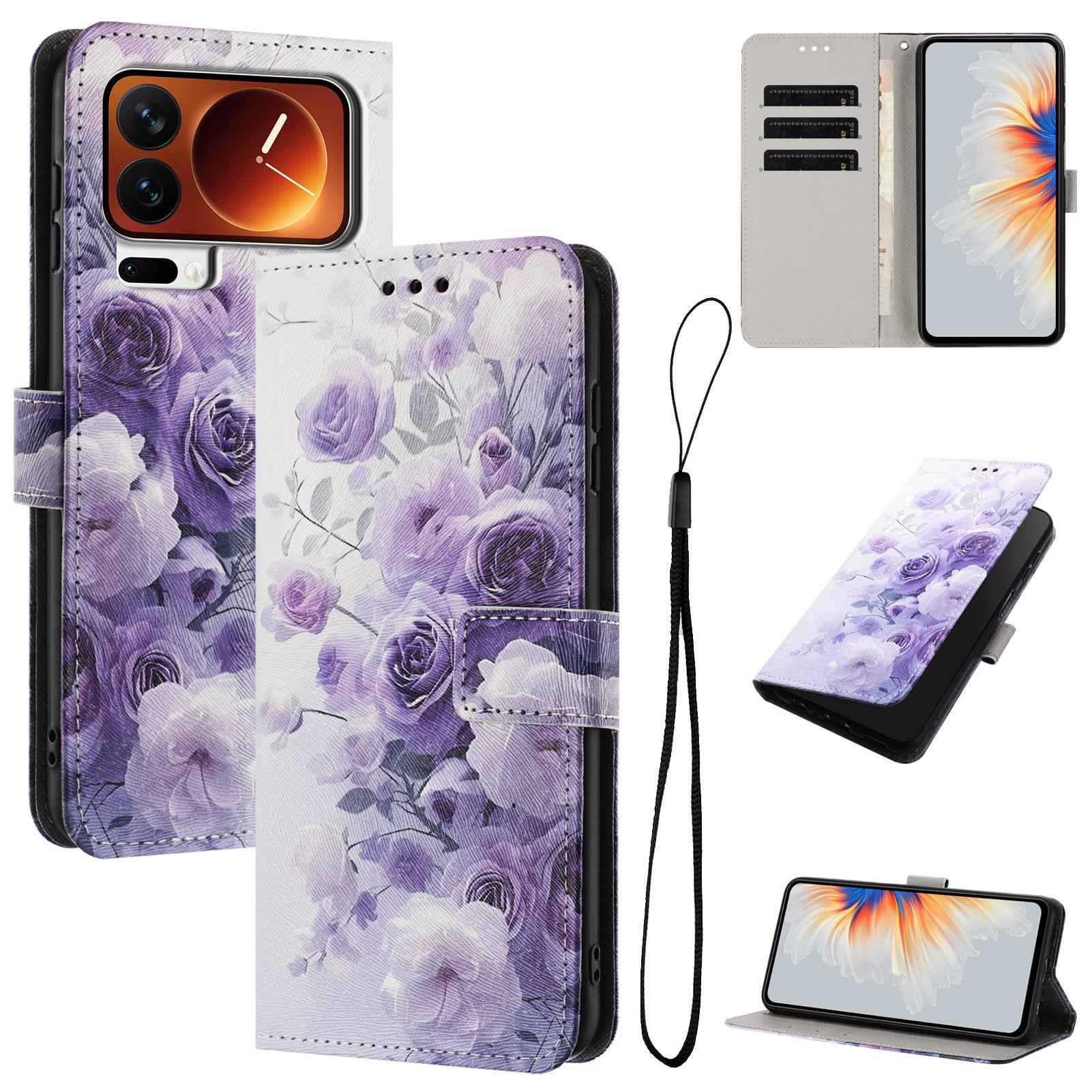 For Xiaomi 17 Pro Wallet Case Pattern Printing PU Leather Phone Cover with Lanyard - Purple Rose
