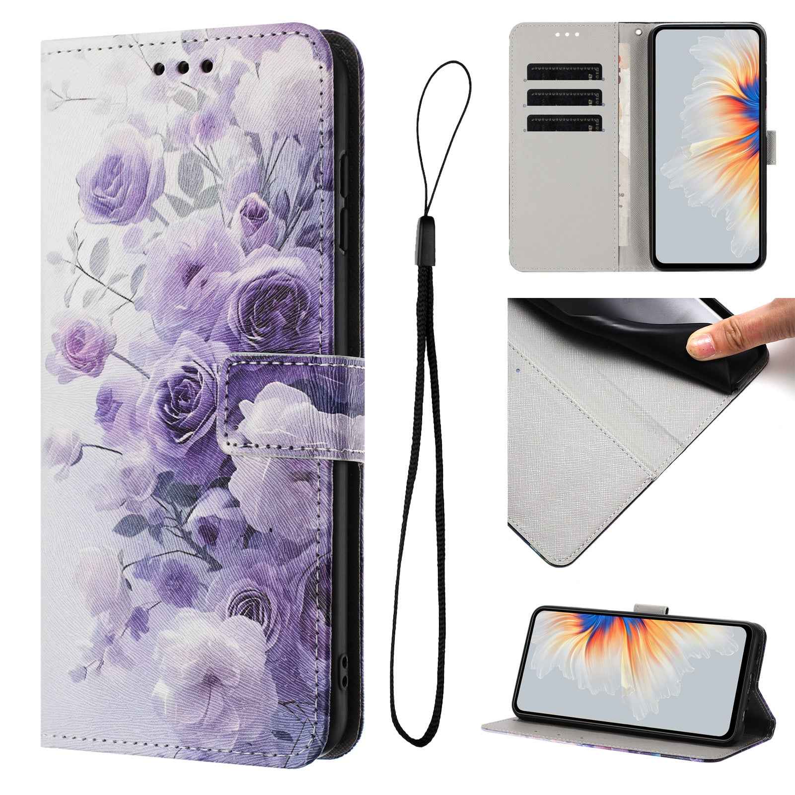 For Xiaomi 17 Pro Wallet Case Pattern Printing PU Leather Phone Cover with Lanyard - Purple Rose