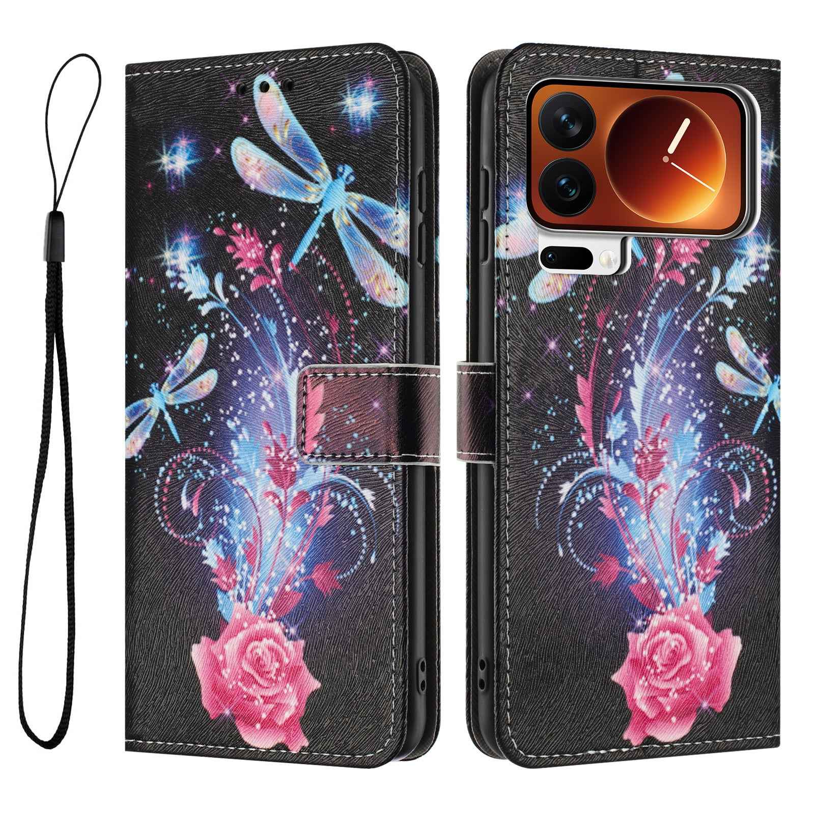For Xiaomi 17 Pro Wallet Case Pattern Printing PU Leather Phone Cover with Lanyard - Dragonfly