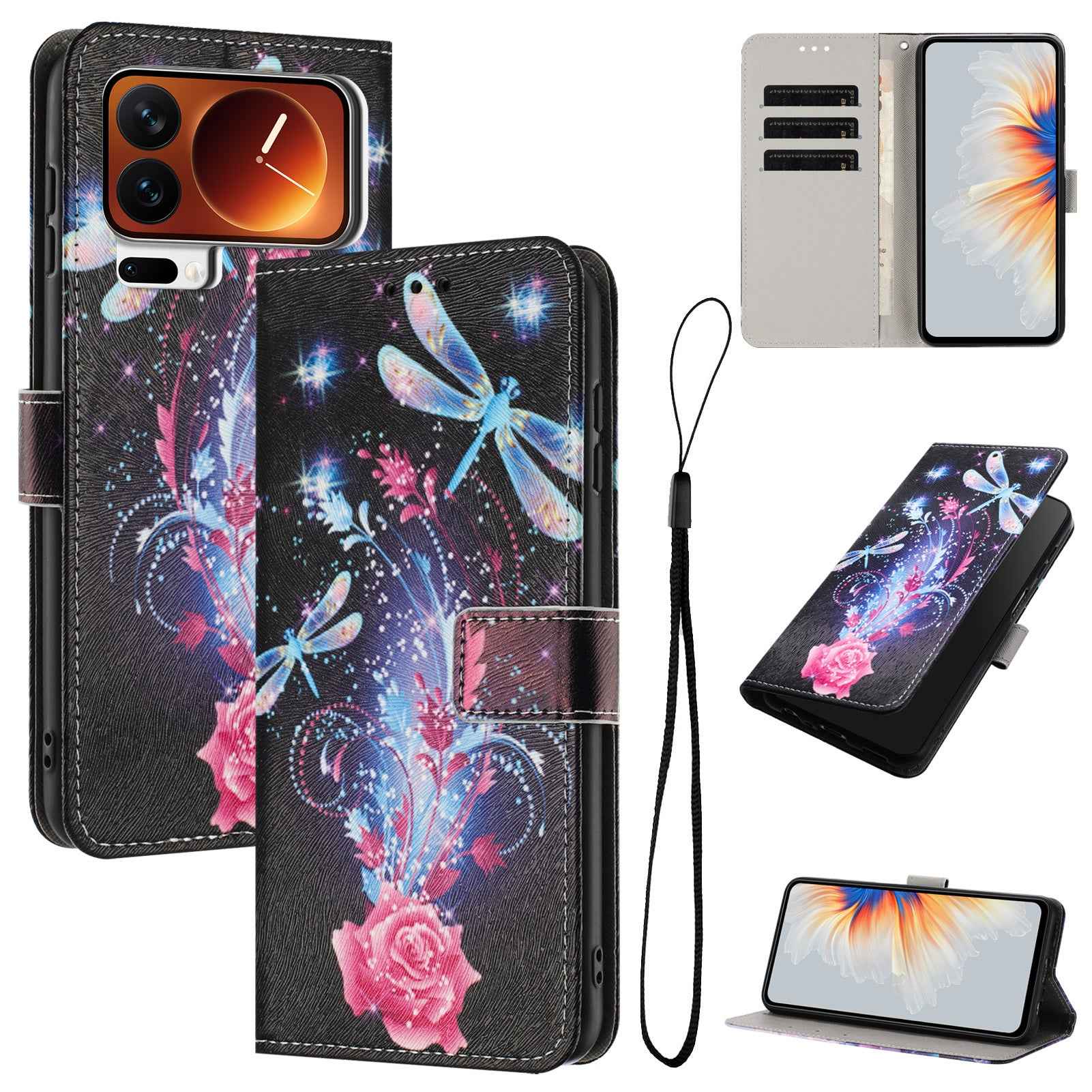For Xiaomi 17 Pro Wallet Case Pattern Printing PU Leather Phone Cover with Lanyard - Dragonfly