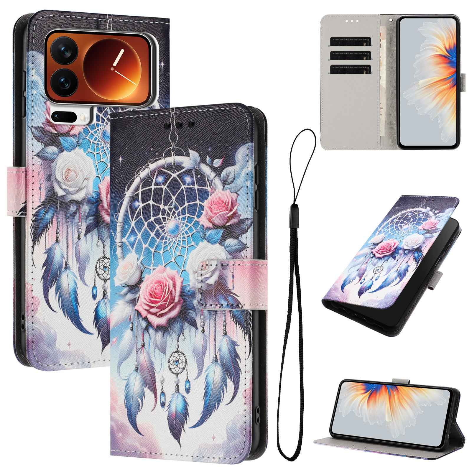 For Xiaomi 17 Pro Wallet Case Pattern Printing PU Leather Phone Cover with Lanyard - Flower Wind Chime