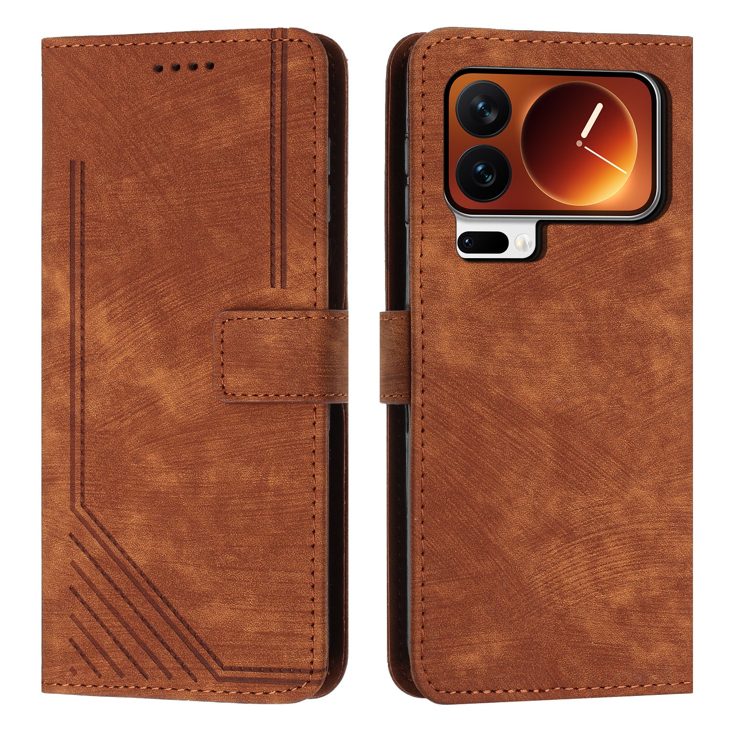 For Xiaomi 17 Pro Max Stand Case Imprinted Lines Leather Phone Cover - Brown