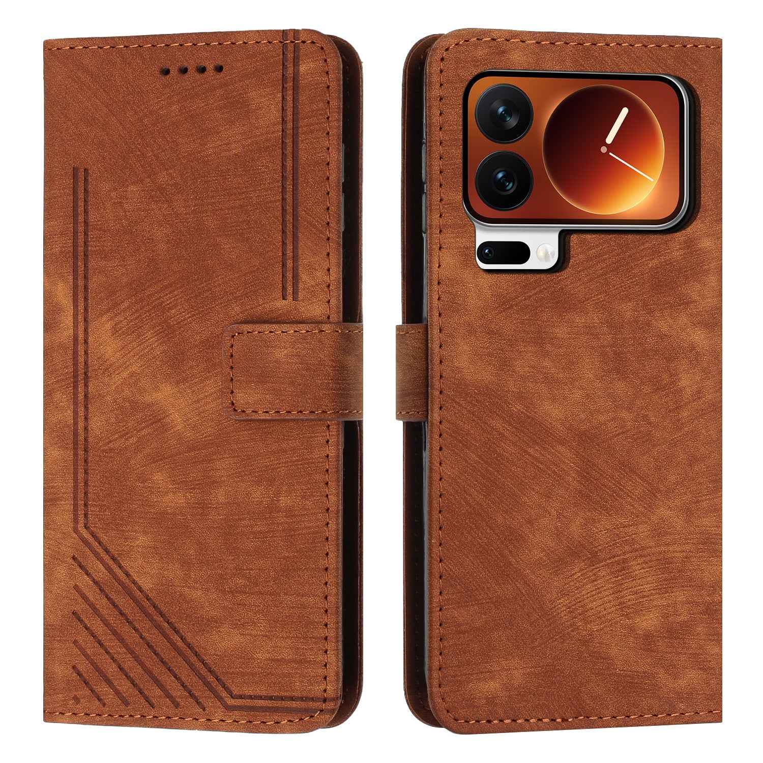 For Xiaomi 17 Pro Stand Case Imprinted Lines Leather Phone Cover - Brown