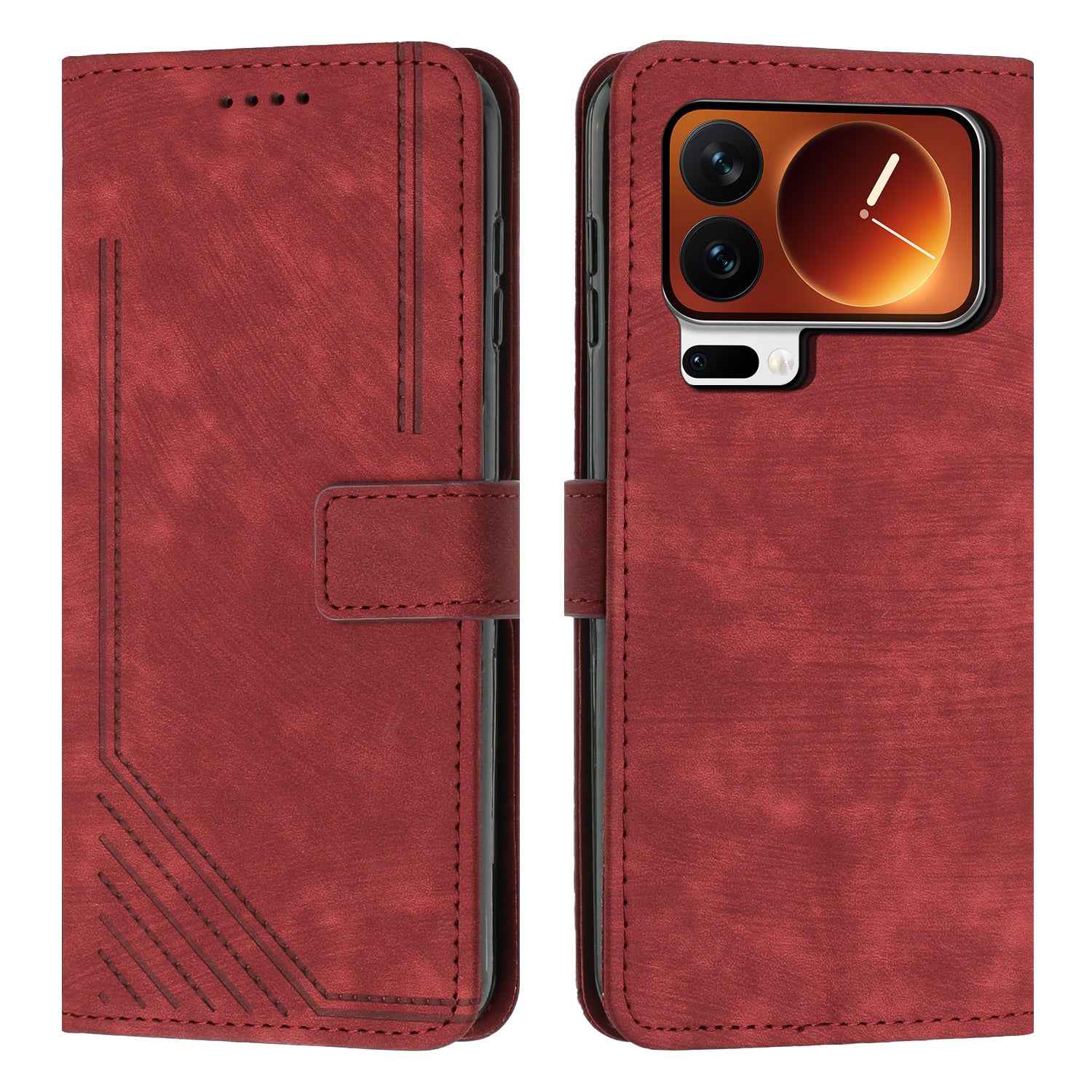 For Xiaomi 17 Pro Stand Case Imprinted Lines Leather Phone Cover - Red