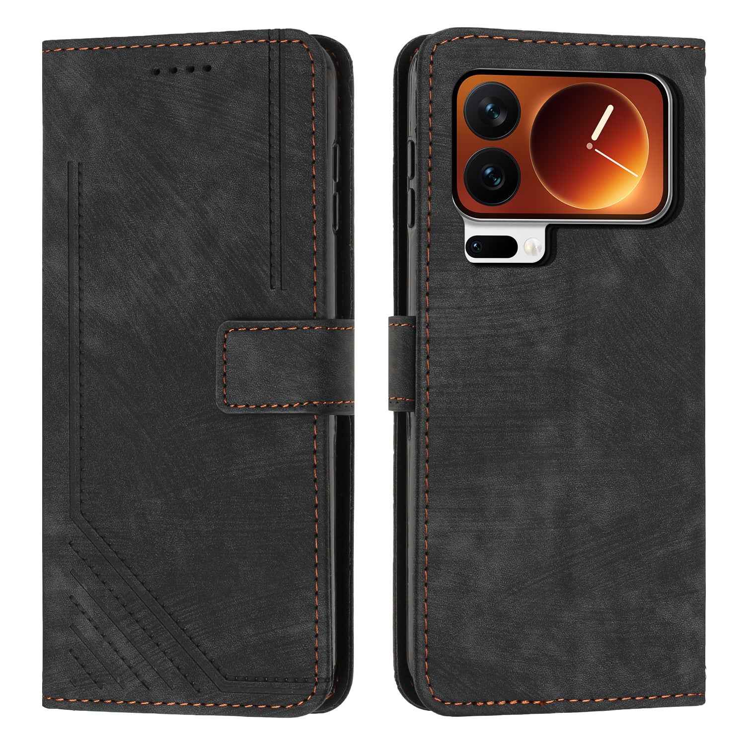 For Xiaomi 17 Pro Stand Case Imprinted Lines Leather Phone Cover - Black