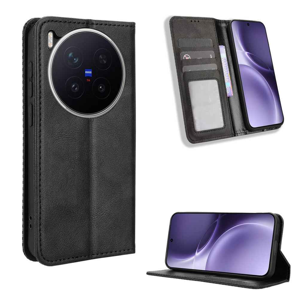 For vivo X300 Pro 5G Leather Case Wallet Stand Retro Texture Phone Cover - Black