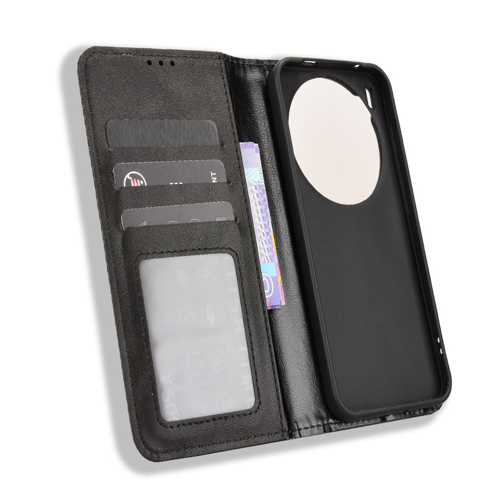 For vivo X300 Pro 5G Leather Case Wallet Stand Retro Texture Phone Cover - Black