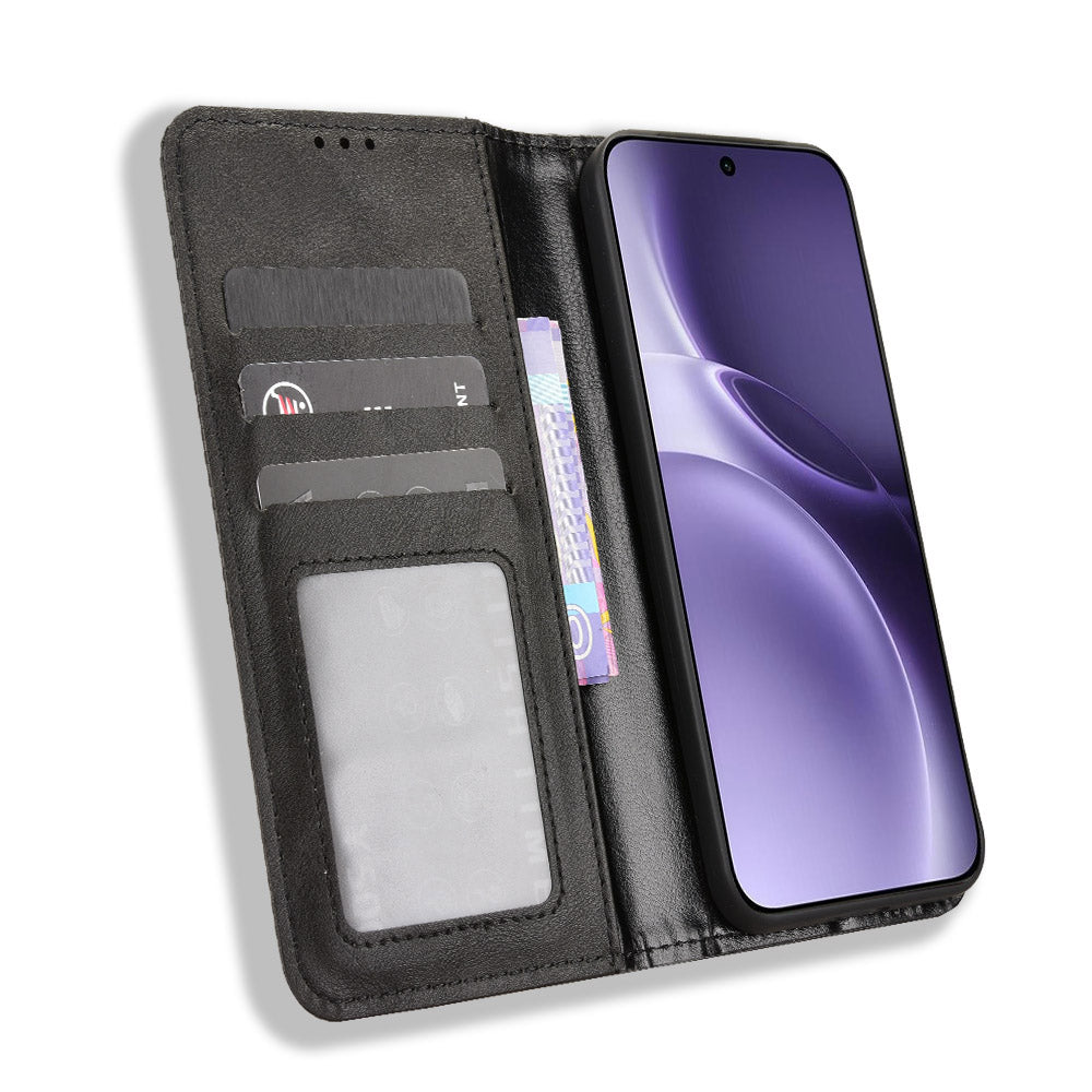 For vivo X300 Pro 5G Leather Case Wallet Stand Retro Texture Phone Cover - Black