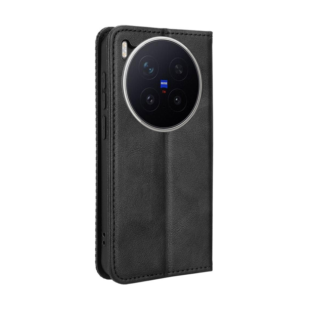 For vivo X300 Pro 5G Leather Case Wallet Stand Retro Texture Phone Cover - Black