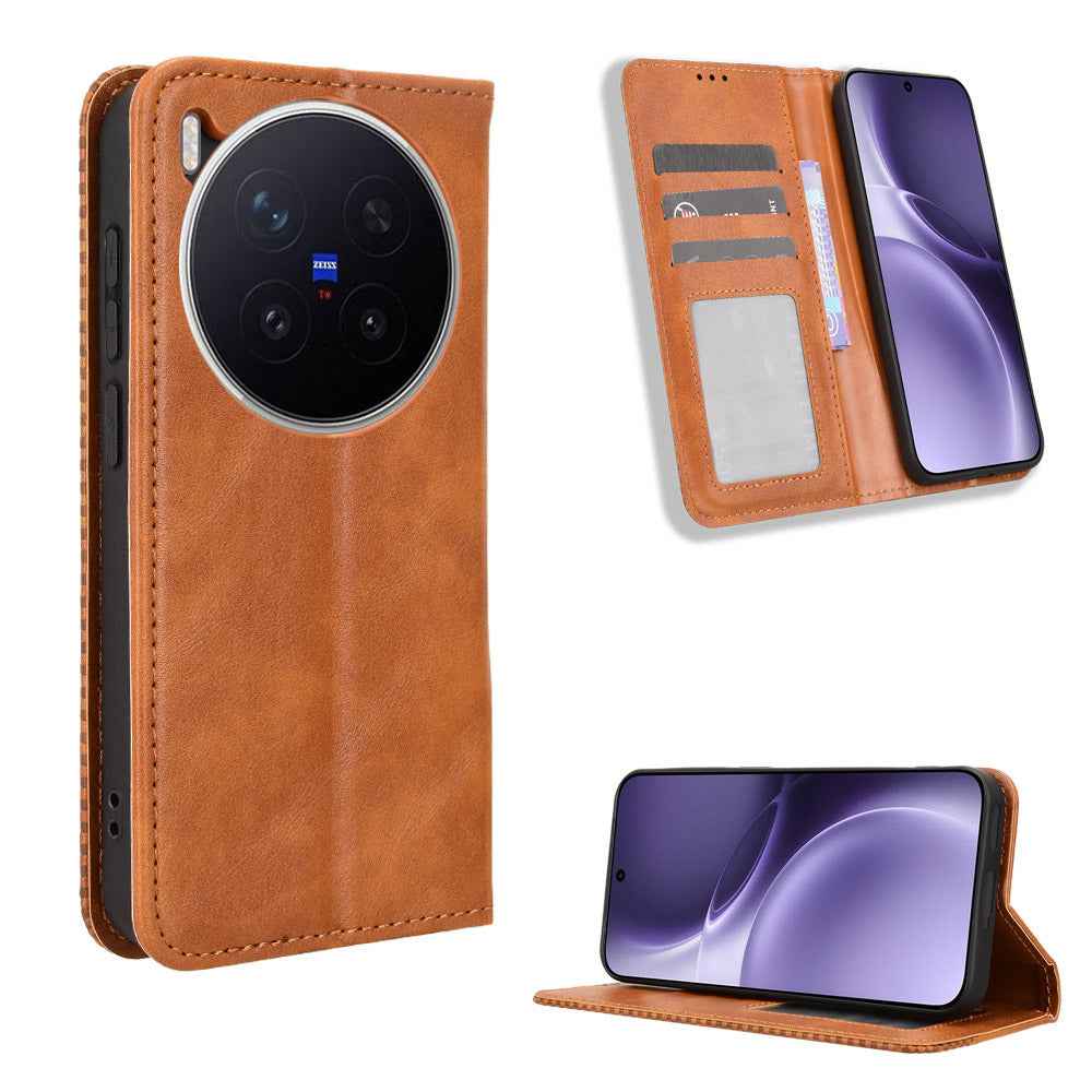 For vivo X300 Pro 5G Leather Case Wallet Stand Retro Texture Phone Cover - Brown