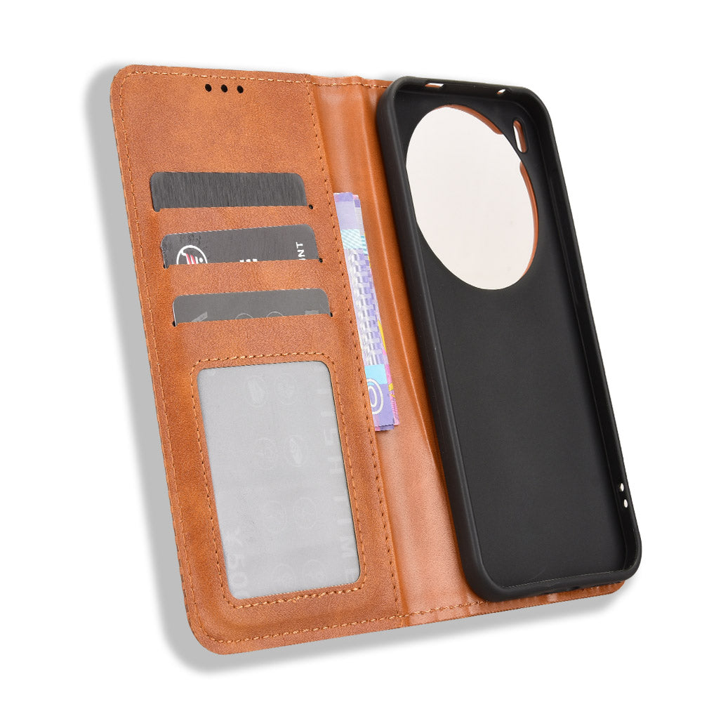 For vivo X300 Pro 5G Leather Case Wallet Stand Retro Texture Phone Cover - Brown