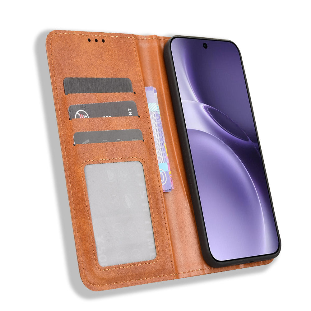 For vivo X300 Pro 5G Leather Case Wallet Stand Retro Texture Phone Cover - Brown