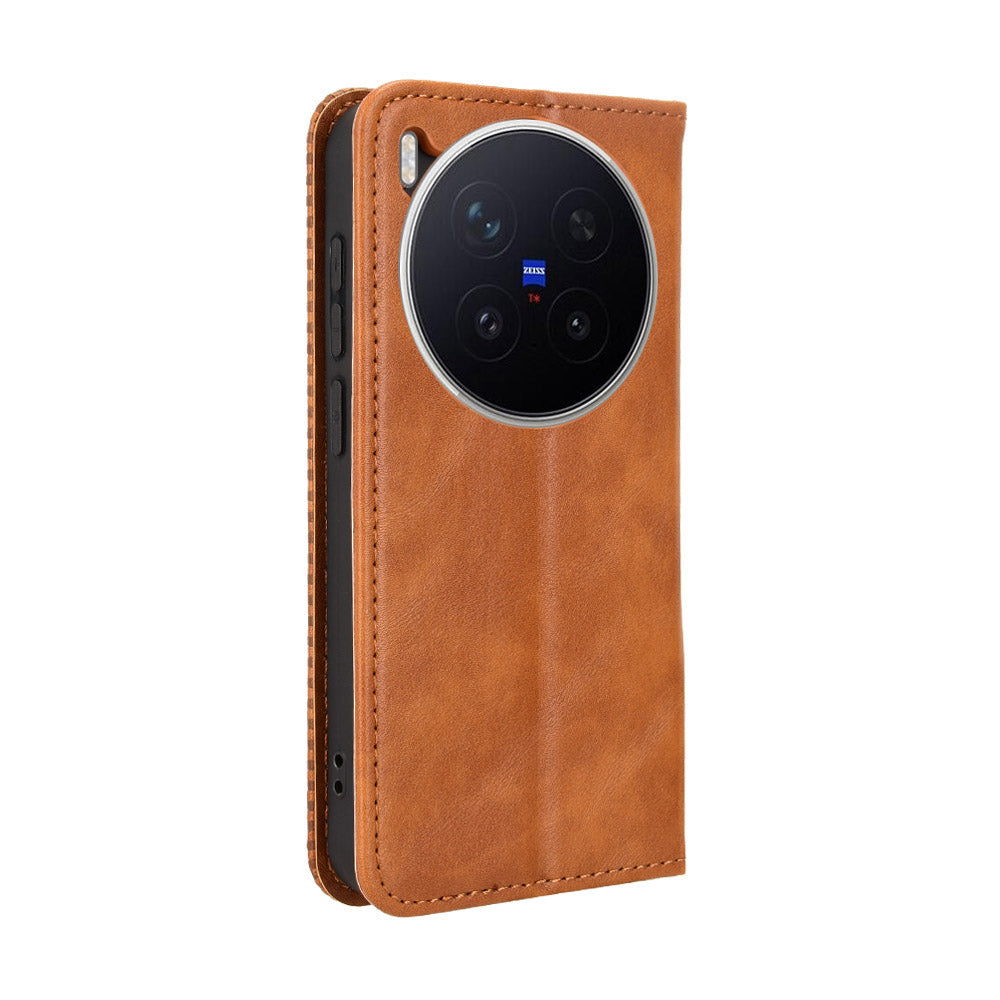 For vivo X300 Pro 5G Leather Case Wallet Stand Retro Texture Phone Cover - Brown