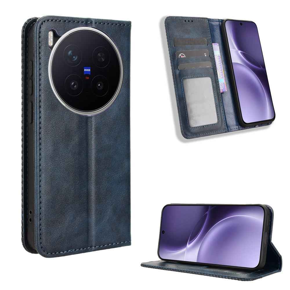 For vivo X300 Pro 5G Leather Case Wallet Stand Retro Texture Phone Cover - Blue