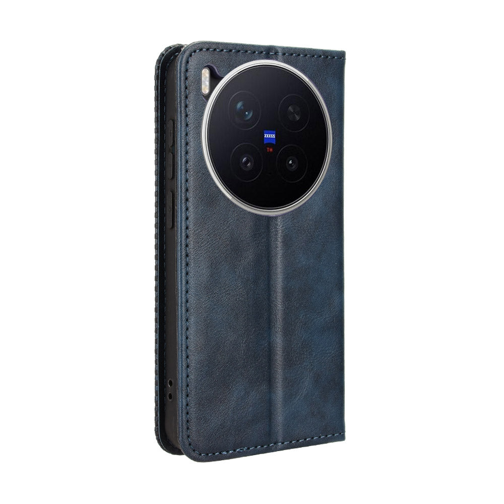 For vivo X300 Pro 5G Leather Case Wallet Stand Retro Texture Phone Cover - Blue