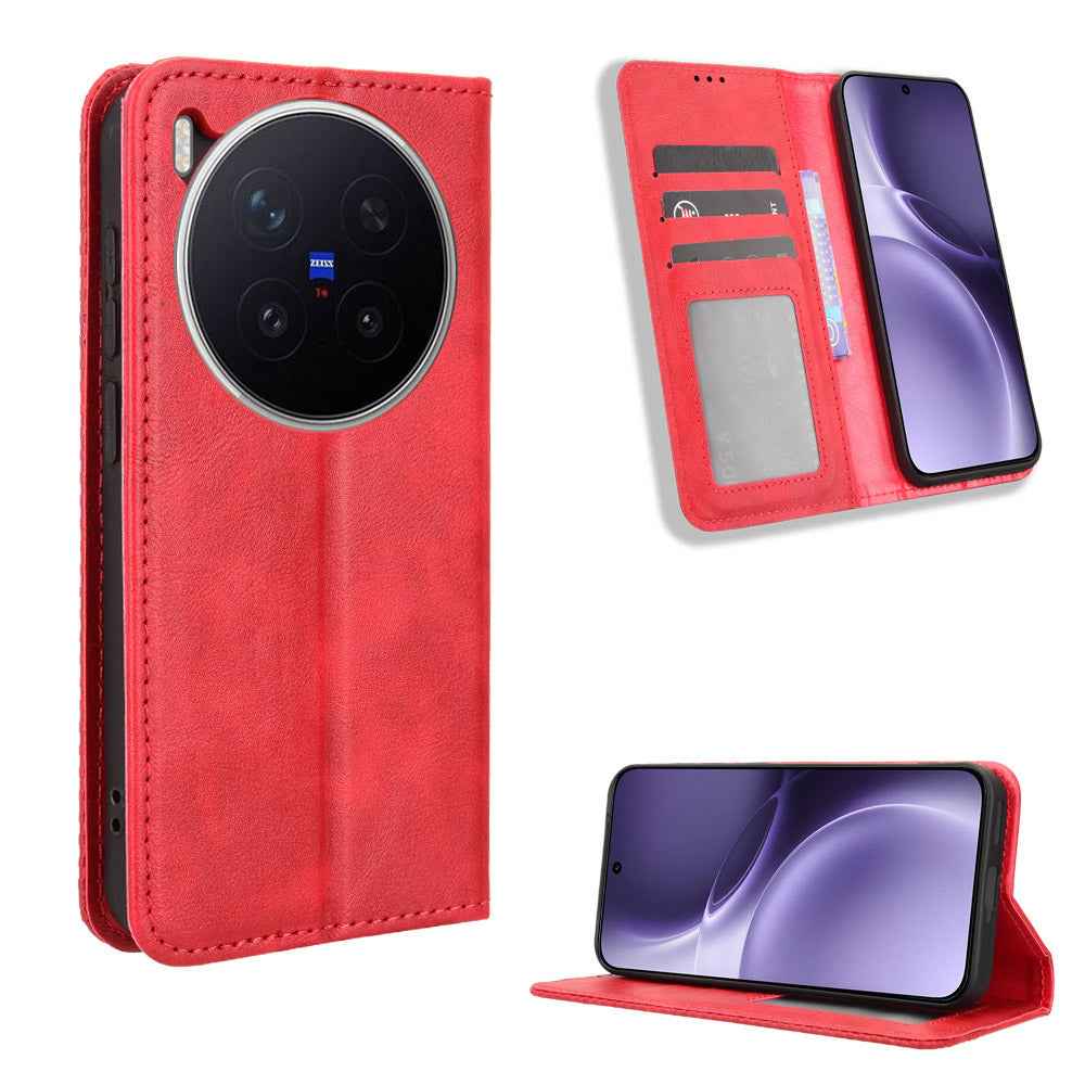 For vivo X300 Pro 5G Leather Case Wallet Stand Retro Texture Phone Cover - Red