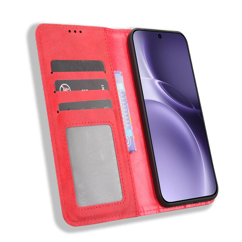 For vivo X300 Pro 5G Leather Case Wallet Stand Retro Texture Phone Cover - Red