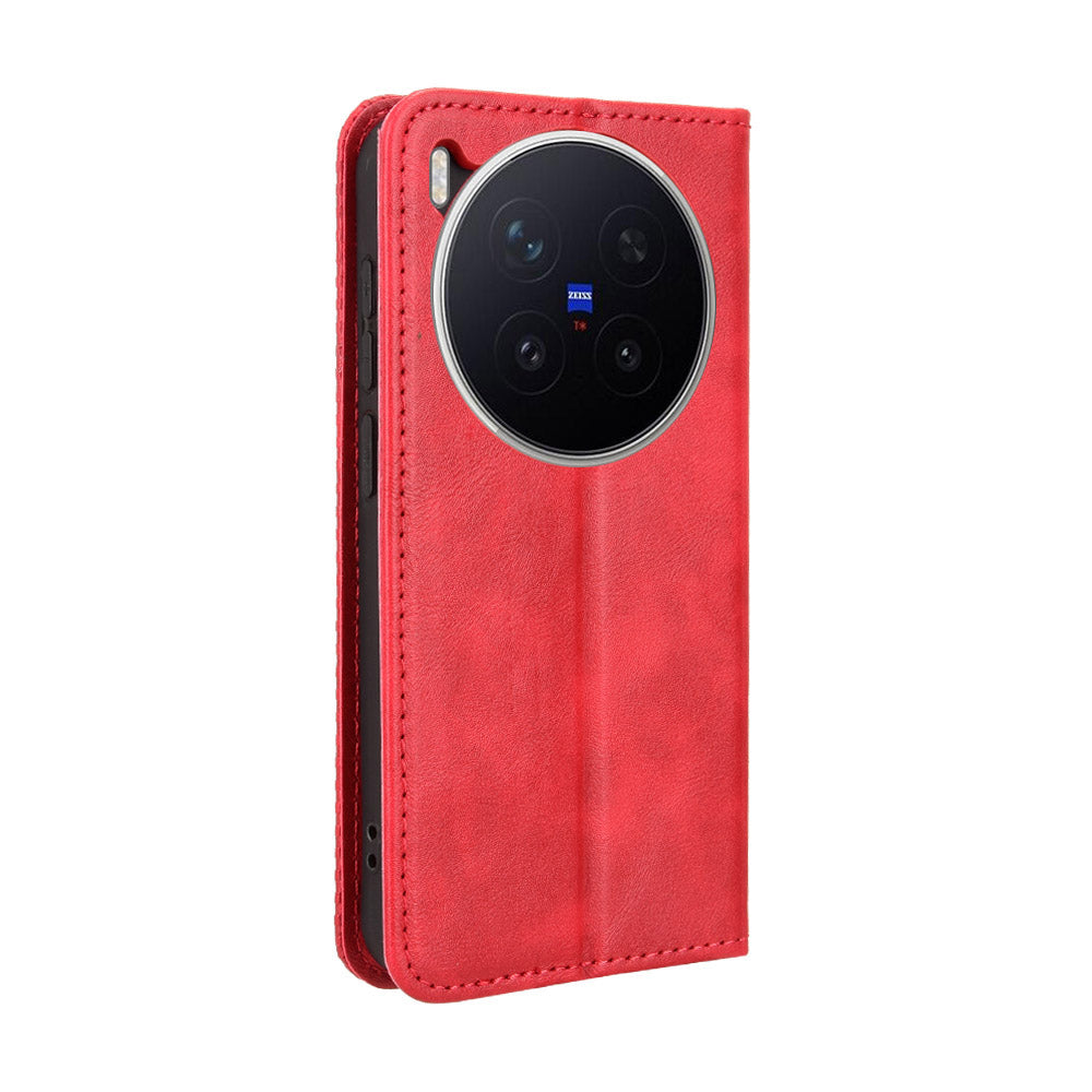 For vivo X300 Pro 5G Leather Case Wallet Stand Retro Texture Phone Cover - Red