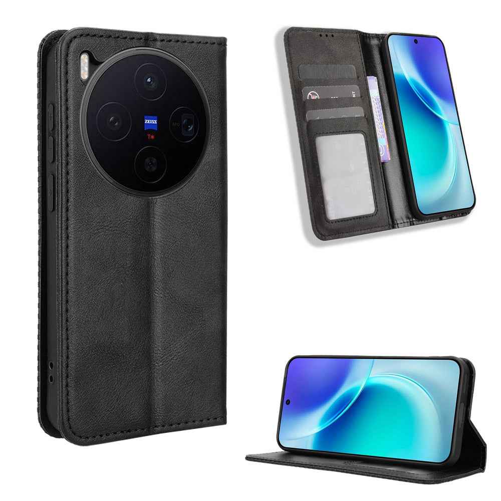 For vivo X300 5G Leather Case Wallet Stand Retro Texture Phone Cover - Black