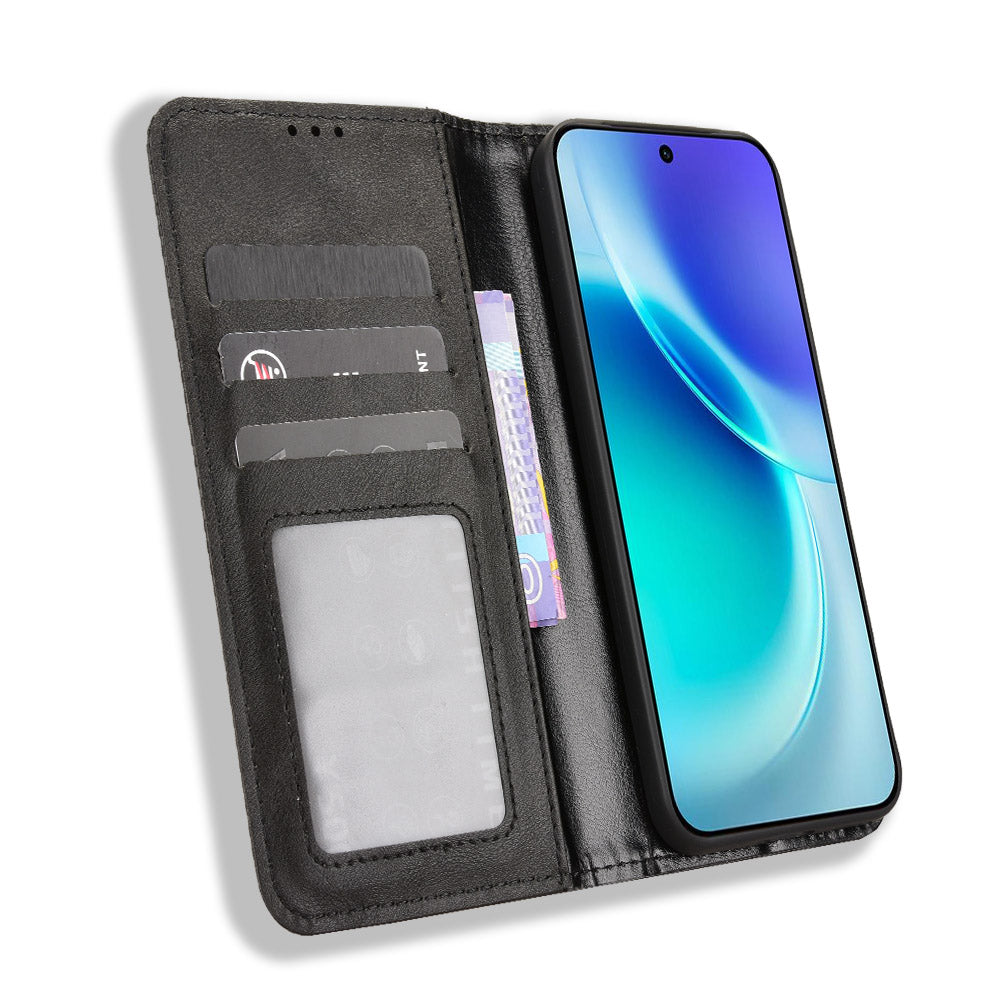 For vivo X300 5G Leather Case Wallet Stand Retro Texture Phone Cover - Black