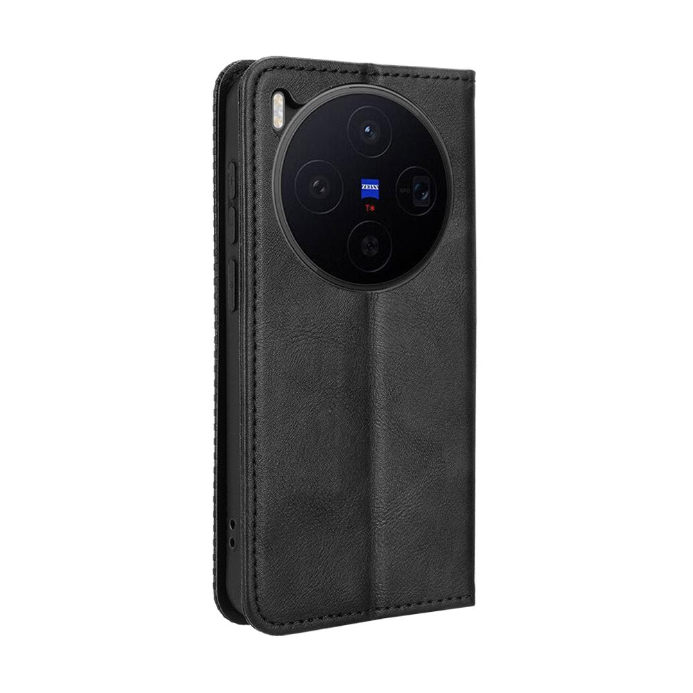 For vivo X300 5G Leather Case Wallet Stand Retro Texture Phone Cover - Black