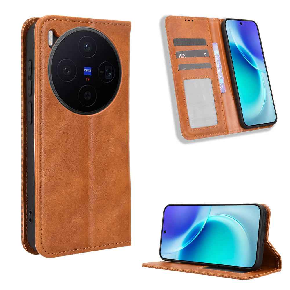 For vivo X300 5G Leather Case Wallet Stand Retro Texture Phone Cover - Brown