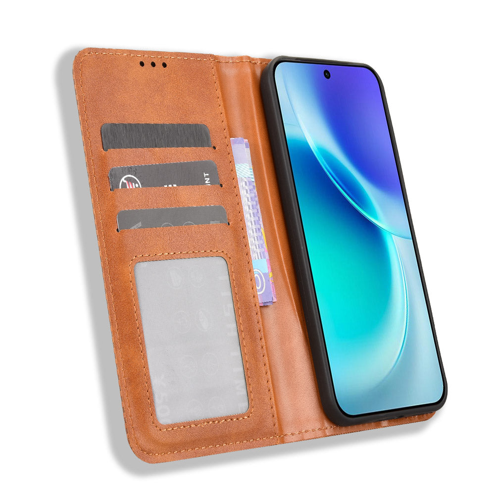 For vivo X300 5G Leather Case Wallet Stand Retro Texture Phone Cover - Brown