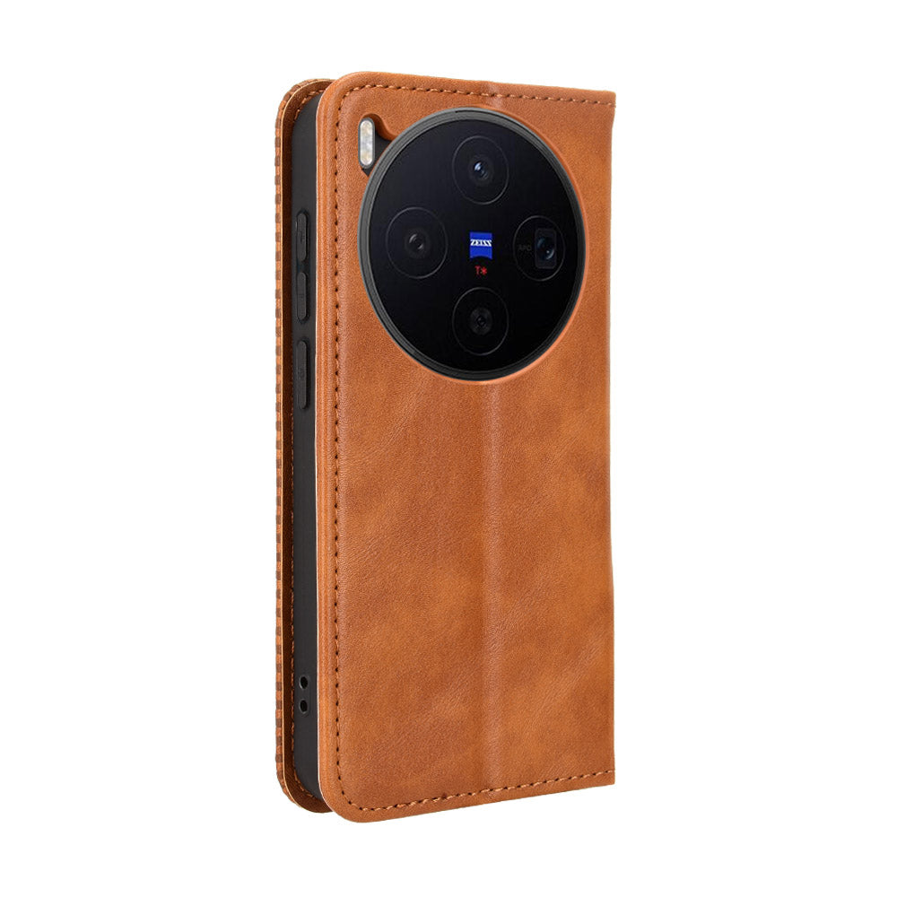 For vivo X300 5G Leather Case Wallet Stand Retro Texture Phone Cover - Brown