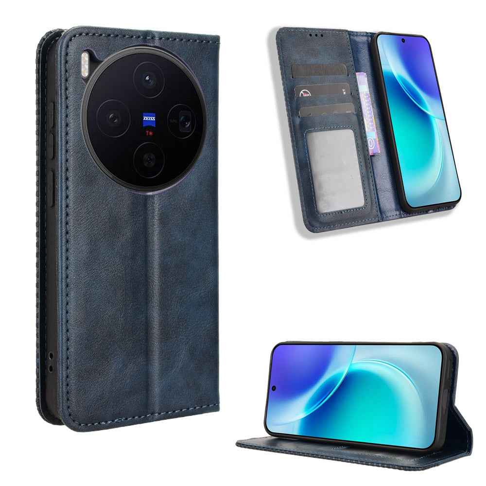 For vivo X300 5G Leather Case Wallet Stand Retro Texture Phone Cover - Blue