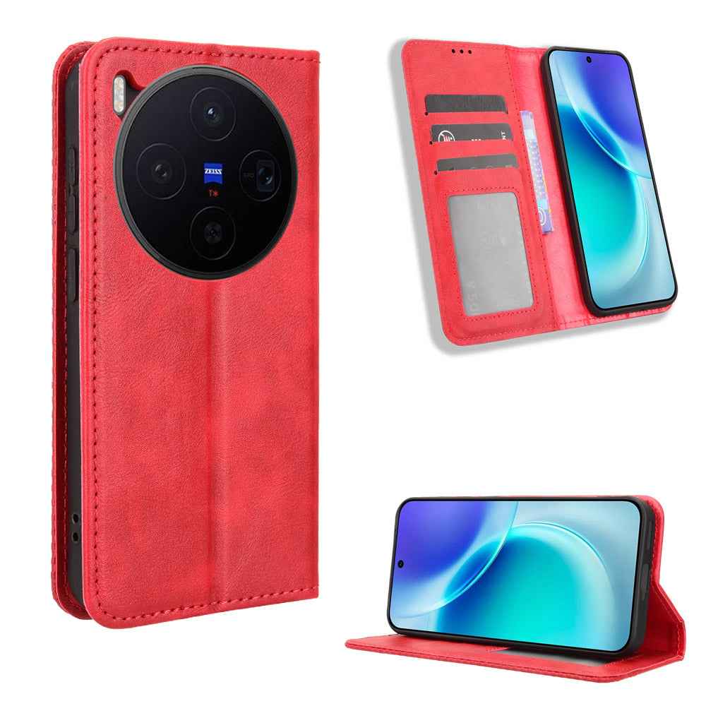 For vivo X300 5G Leather Case Wallet Stand Retro Texture Phone Cover - Red