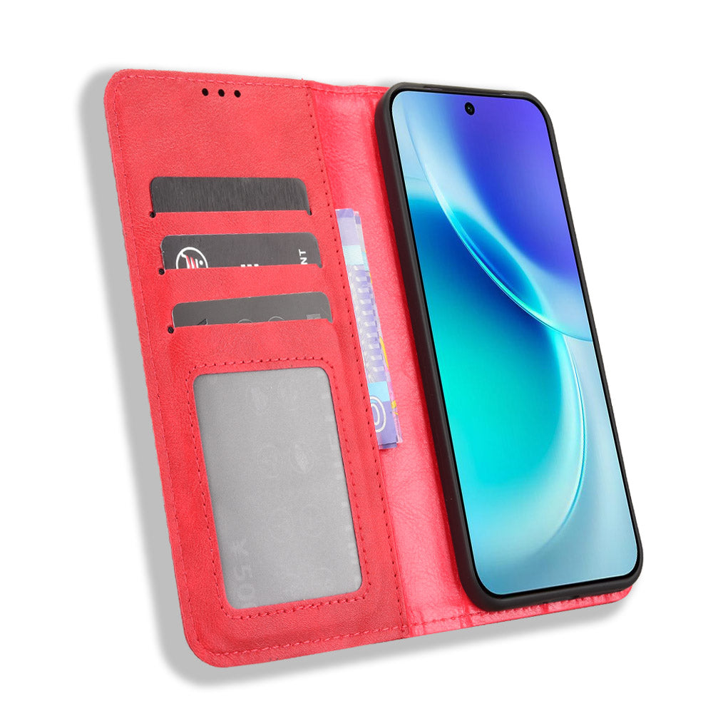 For vivo X300 5G Leather Case Wallet Stand Retro Texture Phone Cover - Red